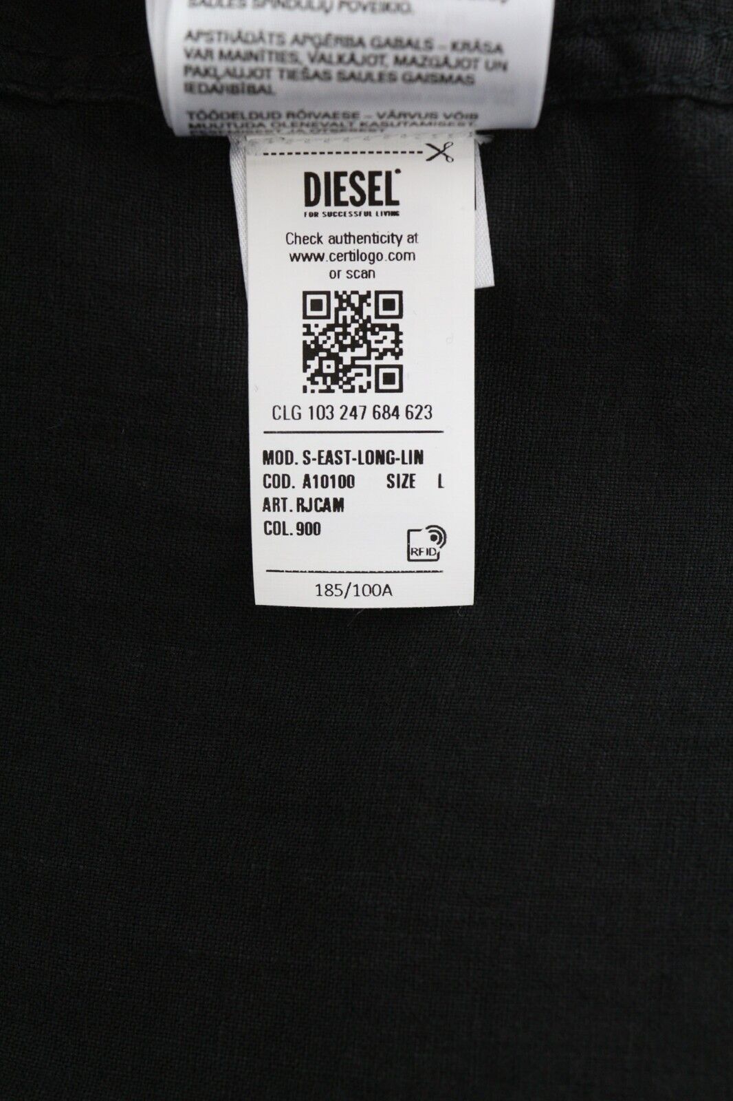 DIESEL S-East-Long-Lin vyriški marškinėliai L, vakarietiški lininiai, plataus kaklo, juodi, rekomenduojama kaina – 175 € 