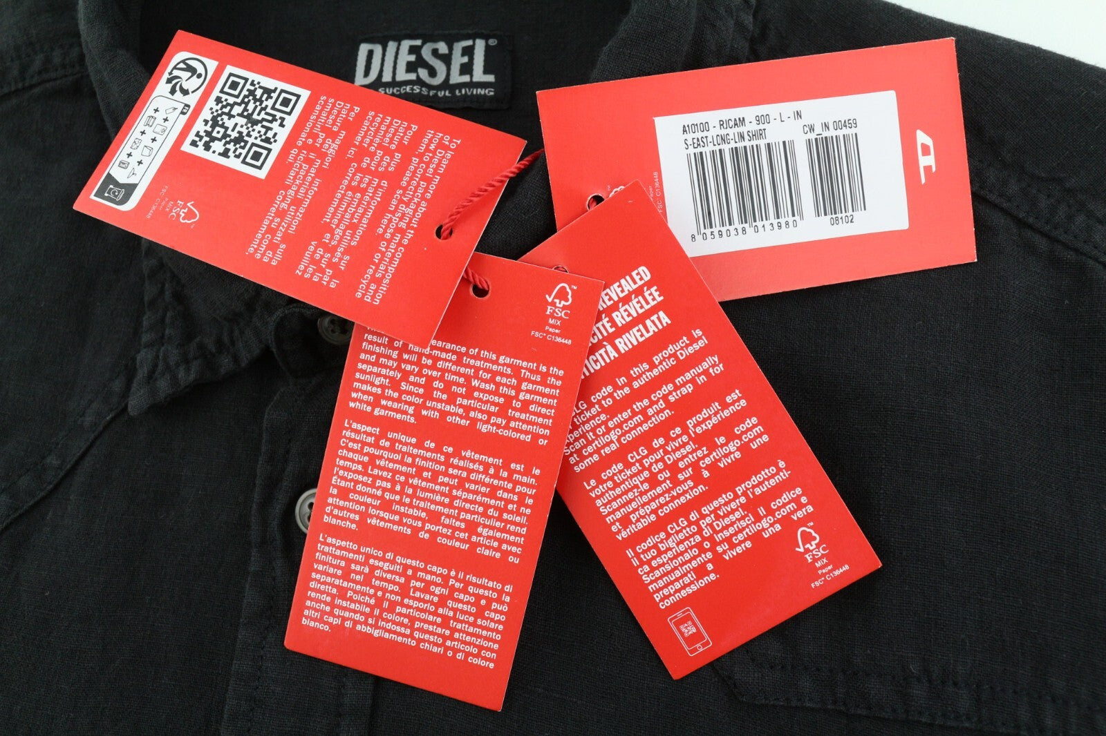 DIESEL S-East-Long-Lin vyriški marškinėliai L, vakarietiški lininiai, plataus kaklo, juodi, rekomenduojama kaina – 175 € 