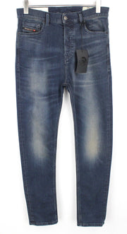 DIESEL D-Vider 084AU vyriški džinsai W28/L32 morkų kirpimo, skalbti, tamprūs, mėlyni 