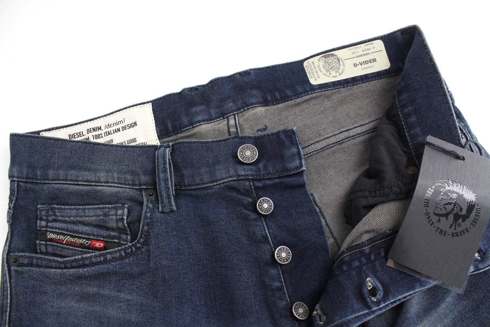DIESEL D-Vider 084AU vyriški džinsai W28/L32 morkų kirpimo, skalbti, tamprūs, mėlyni 