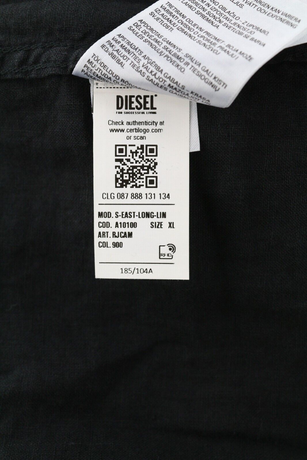 DIESEL S-East-Long-Lin vyriški marškinėliai, XL dydžio, vakarietiško stiliaus, lininiai, rekomenduojama kaina – 175 €, juodi. 