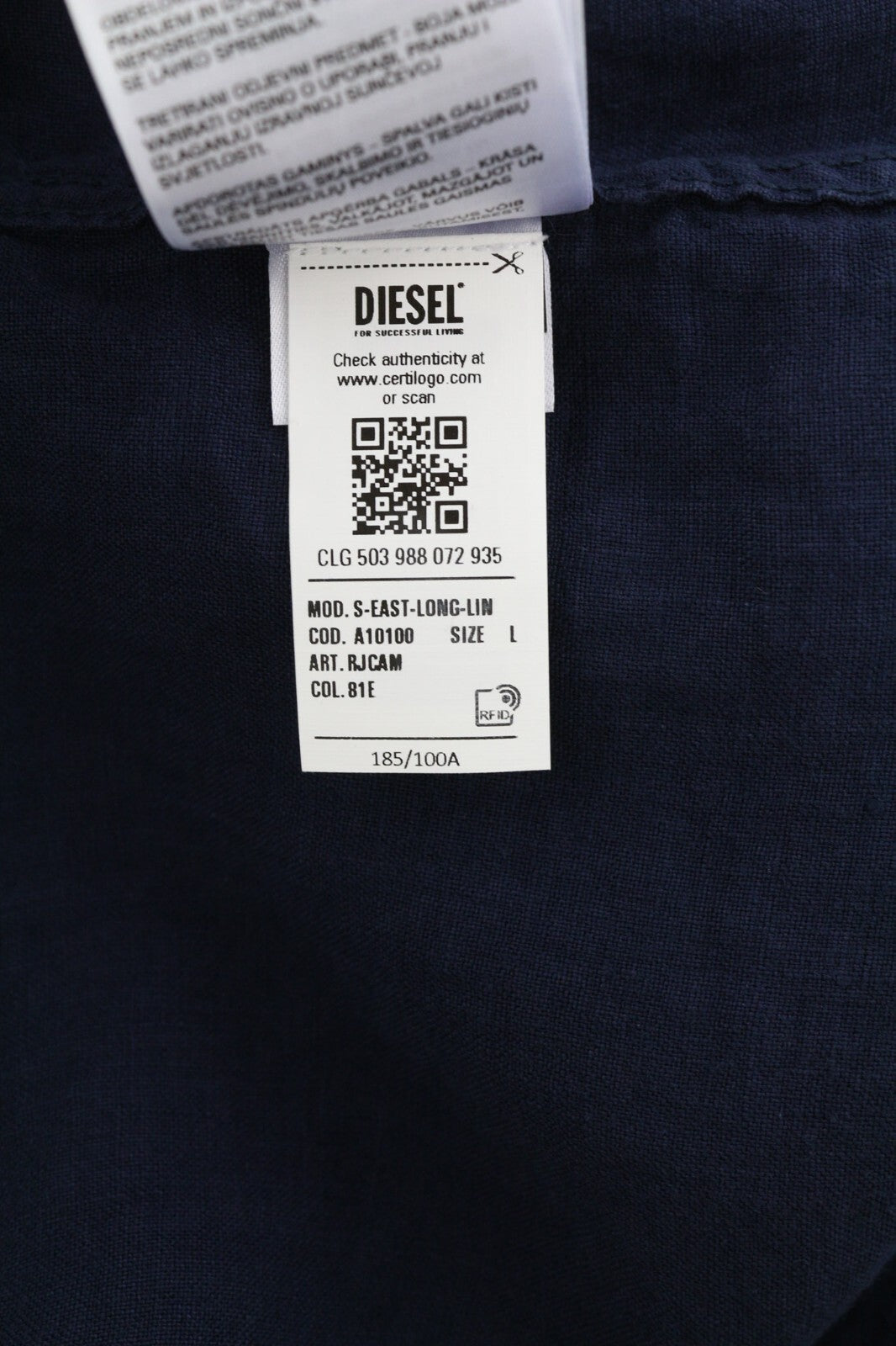 DIESEL S-East-Long-Lin vyriški marškinėliai, L, Western lininiai, rekomenduojama kaina – 175 €, tamsiai mėlyni. 