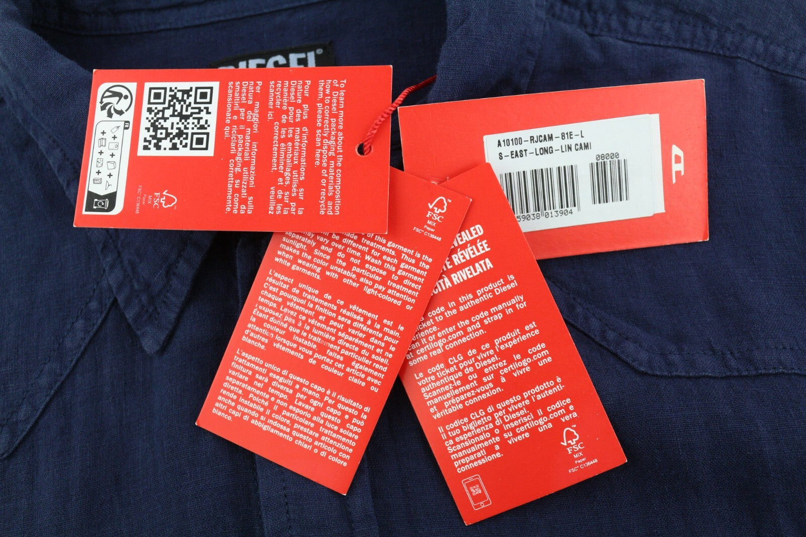 DIESEL S-East-Long-Lin vyriški marškinėliai, L, Western lininiai, rekomenduojama kaina – 175 €, tamsiai mėlyni. 