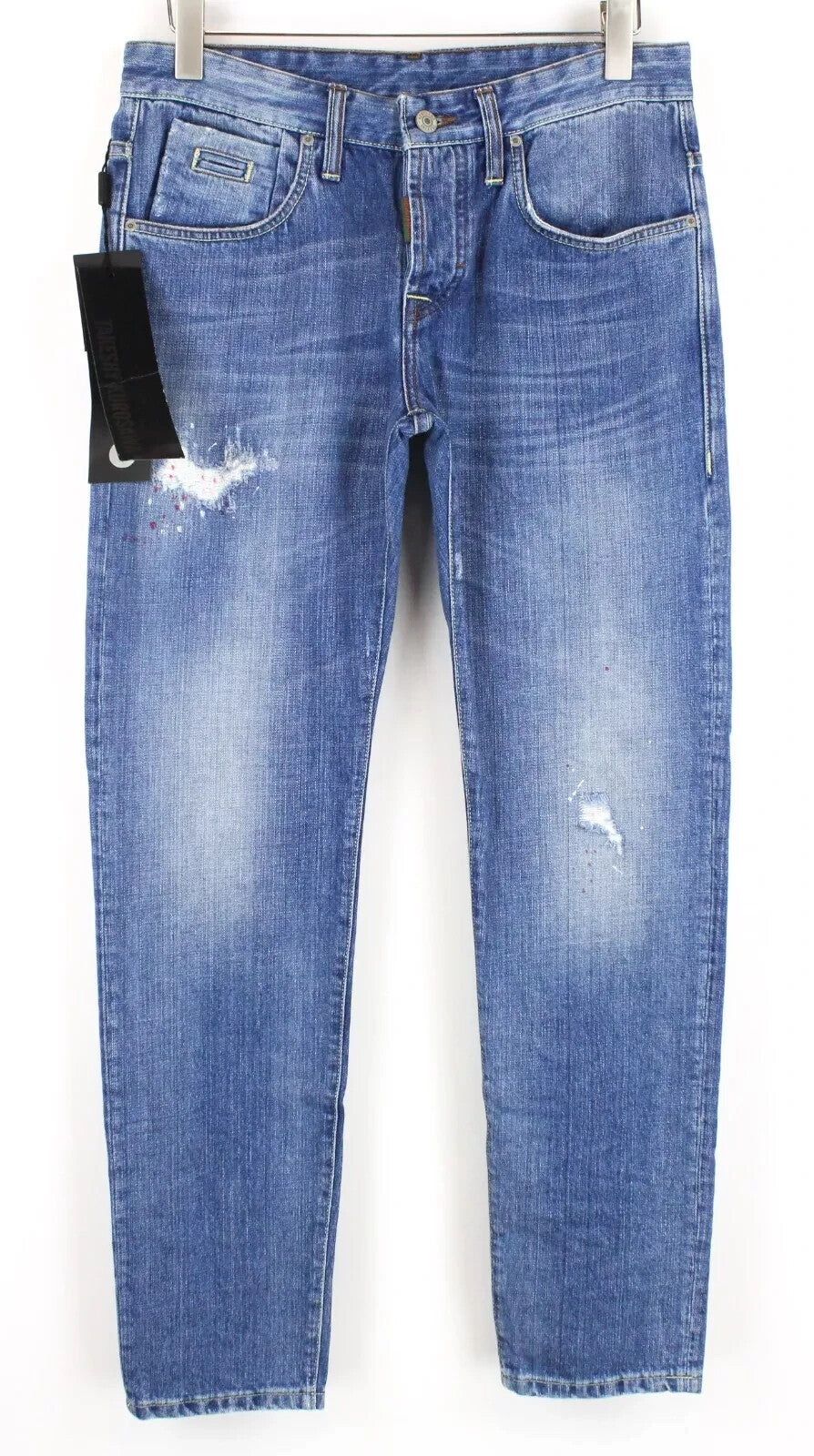 TAKESHY KUROSAWA Slim Jeans W32 Painted Blue Distressed Button-Fly Denim Men