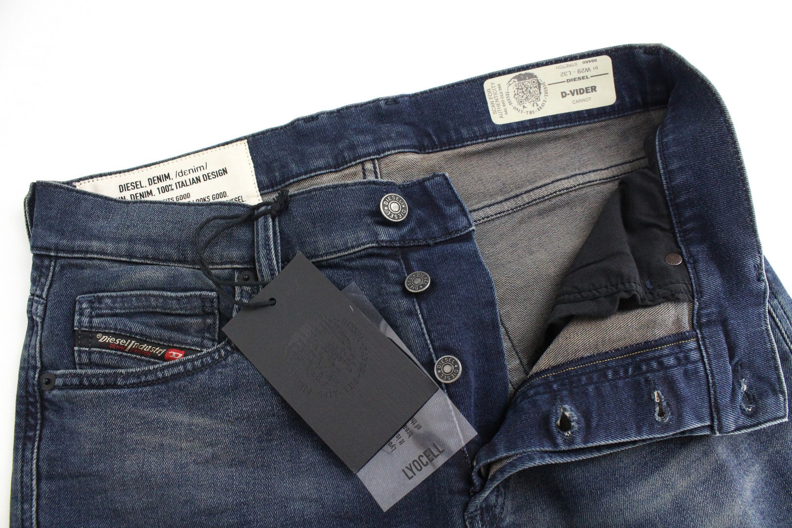 DIESEL D-Vider 084AU vyriški džinsai W29/L32 morkų kirpimo tamprūs mėlyni sagomis 