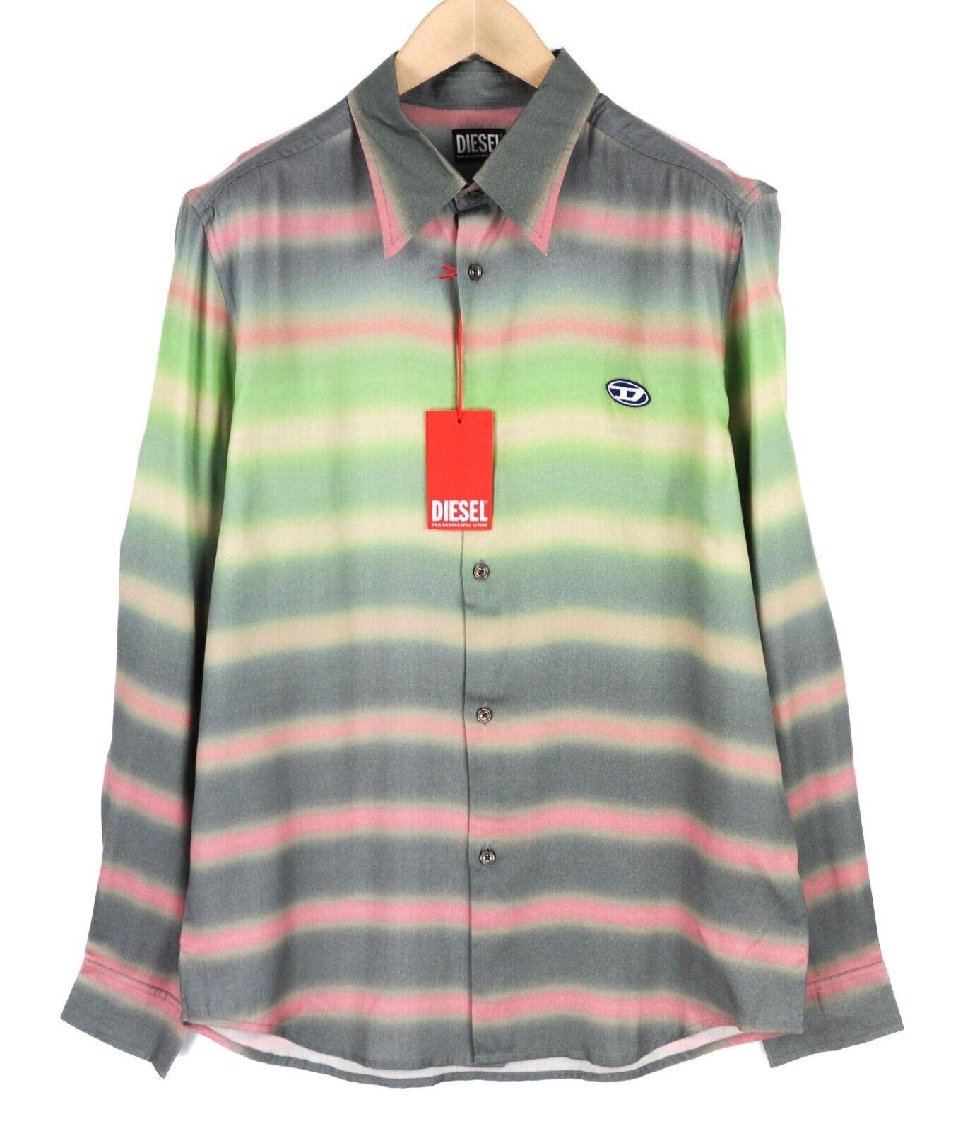 DIESEL vyriški marškinėliai S-Tucker dryžiais, L dydžio, rekomenduojama kaina 150 €, raštuoti sagomis užsegami, išskleidžiama apykaklė. 