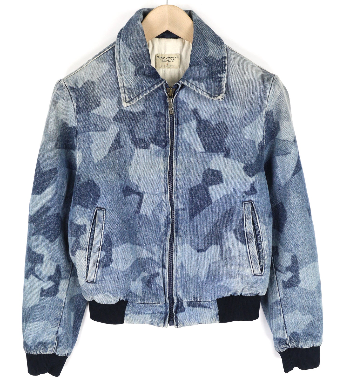 NUDIE JEANS Gudrun Camo džinsinis moteriškas švarkas S mėlynas raštuotas medvilninis skalbtas bomber 