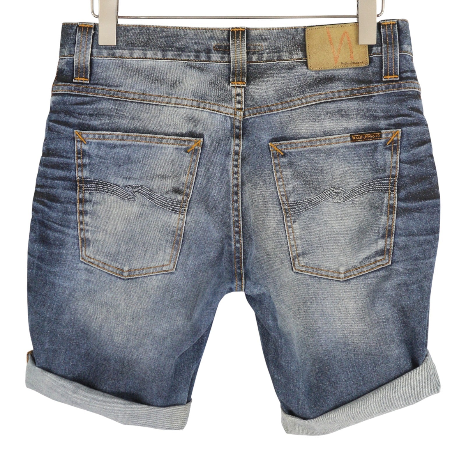 NUDIE JEANS Grim Tim Men Shorts W33 Washed Denim Blue Button Fly Cotton Turn Up