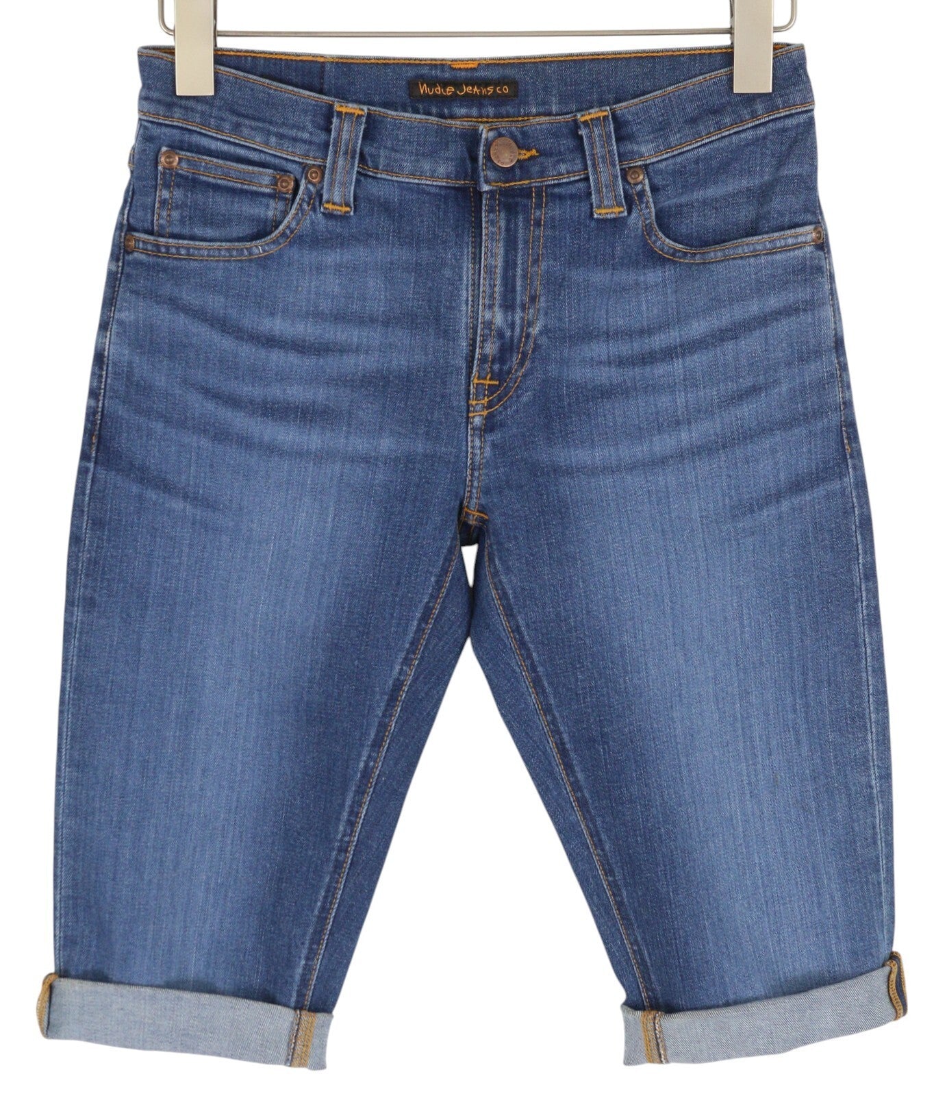 NUDIE JEANS Tube Kelly Men Shorts W28 Washed Denim Blue Zip Fly Organic Pockets