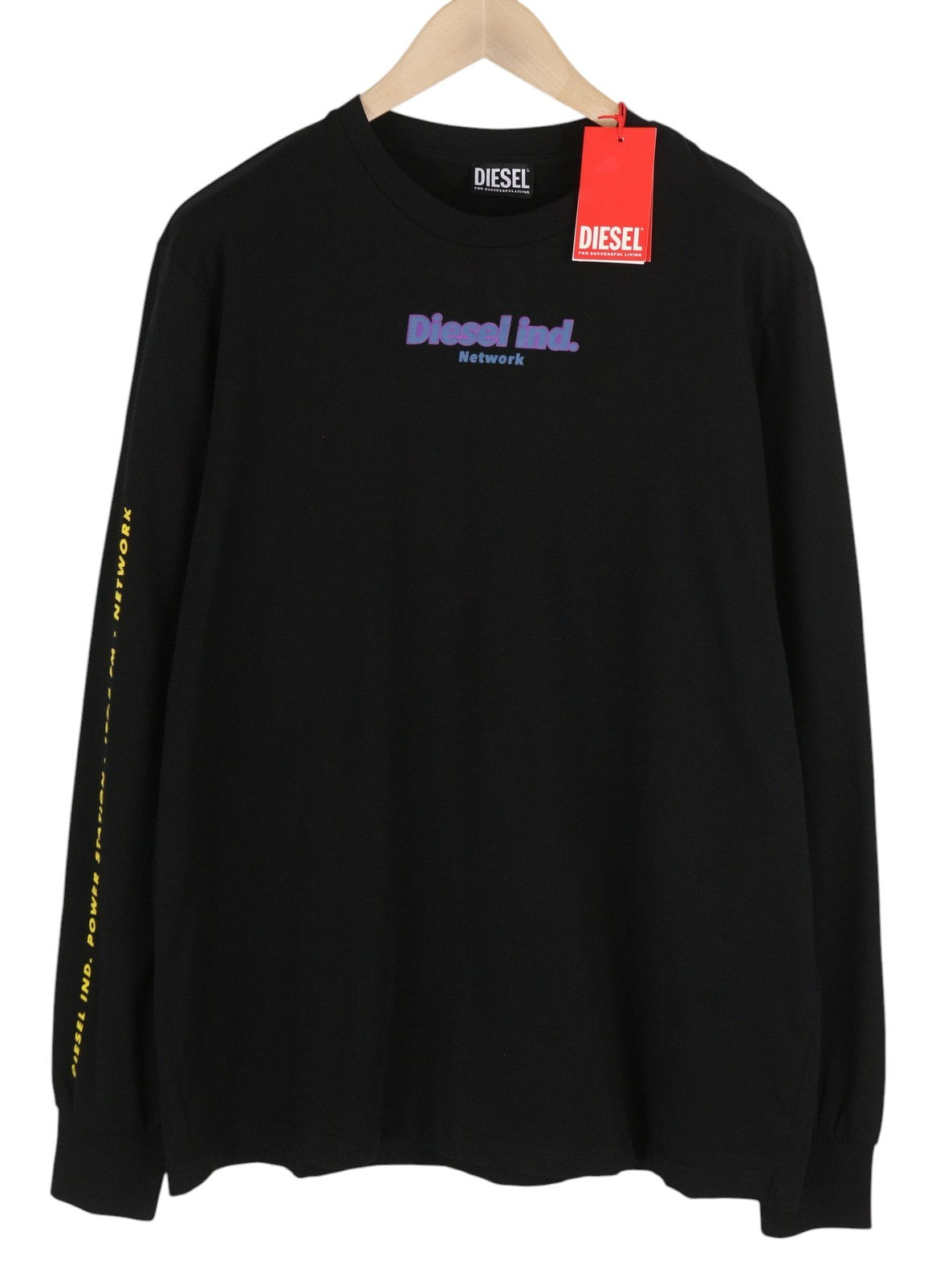 DIESEL T-Just-Ls-E4 vyriški marškinėliai XL dydžio, juodi, raštuoti apvalios iškirptės ilgomis rankovėmis, su logotipu 