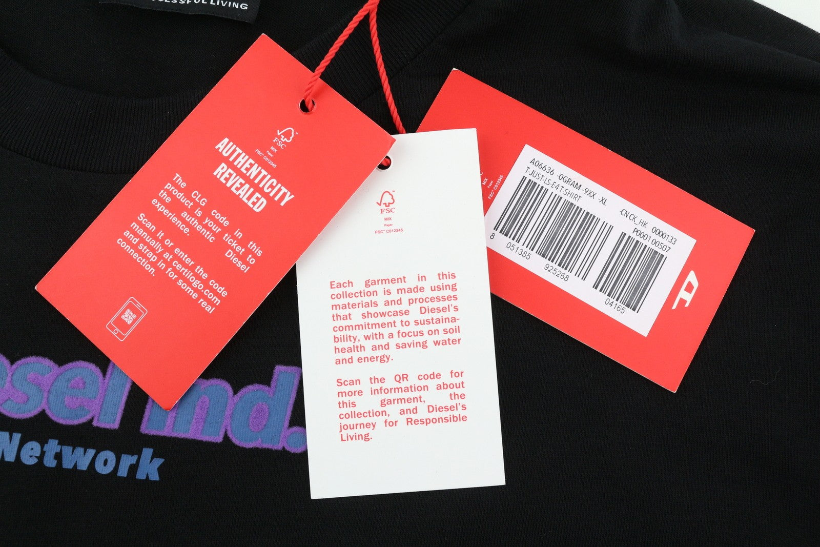 DIESEL T-Just-Ls-E4 vyriški marškinėliai XL dydžio, juodi, raštuoti apvalios iškirptės ilgomis rankovėmis, su logotipu 