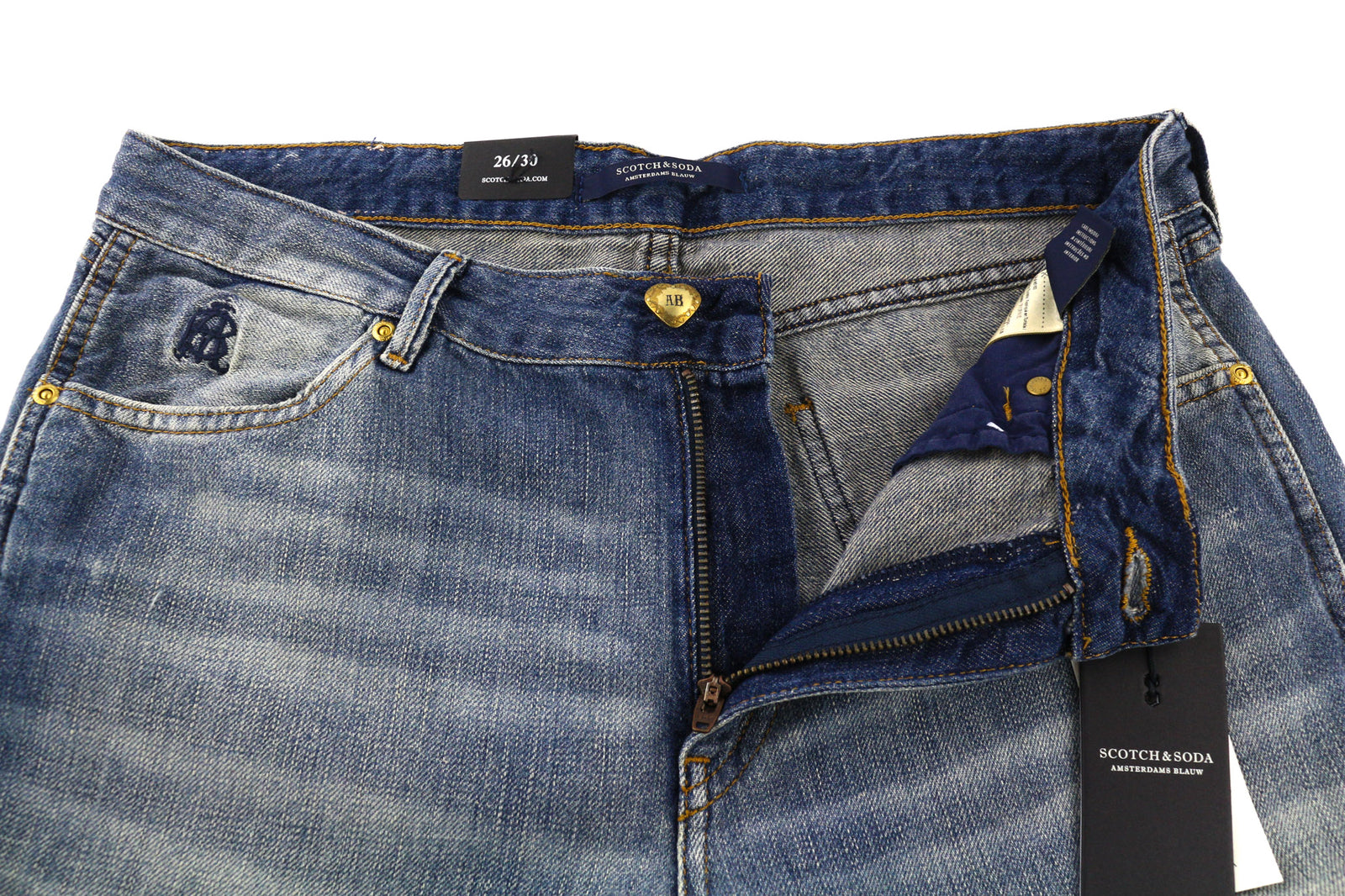 SCOTCH &amp; SODA Bandit moteriški džinsai W26/L30 Slim Taper medvilniniai lininiai mėlyni, dirbtinio intelekto 