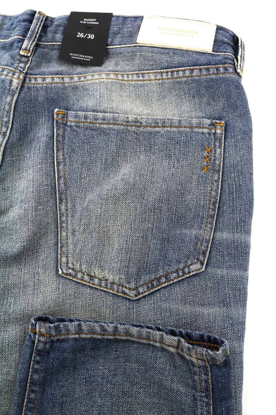 SCOTCH &amp; SODA Bandit moteriški džinsai W26/L30 Slim Taper medvilniniai lininiai mėlyni, dirbtinio intelekto 