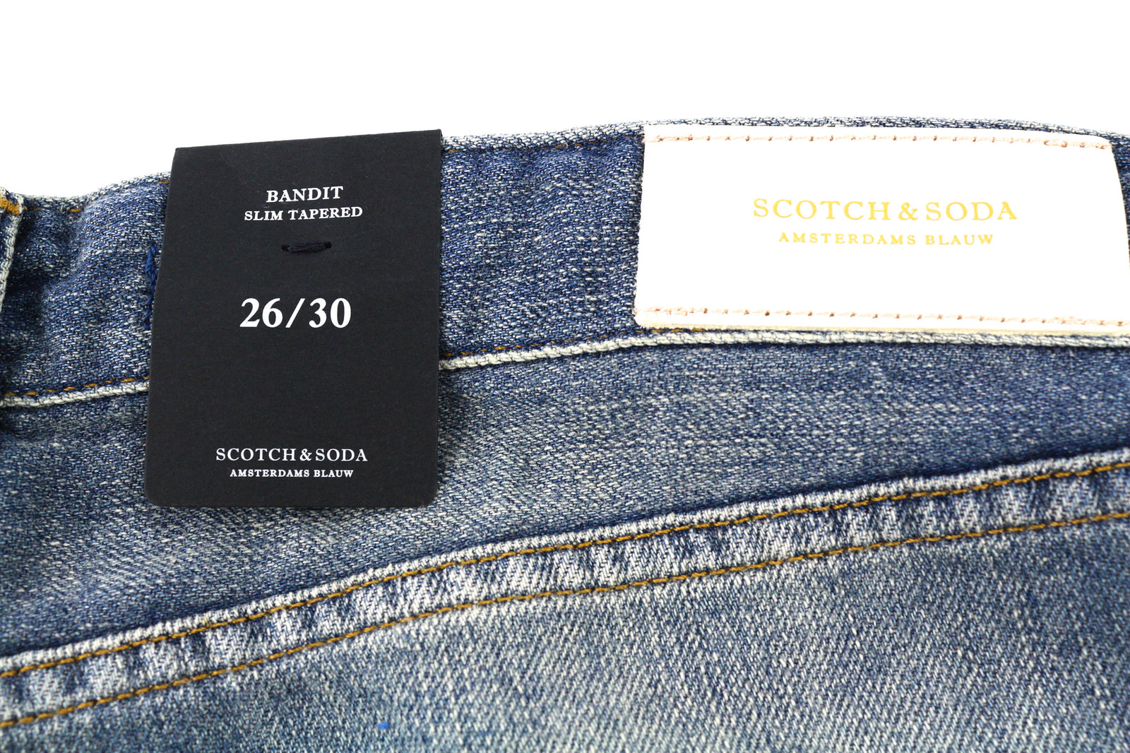 SCOTCH &amp; SODA Bandit moteriški džinsai W26/L30 Slim Taper medvilniniai lininiai mėlyni, dirbtinio intelekto 