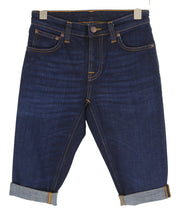 NUDIE JEANS Skinny Lin moteriški šortai W27 su skalbto džinso mėlyna spalva, tamprios kišenės su užtrauktuku 