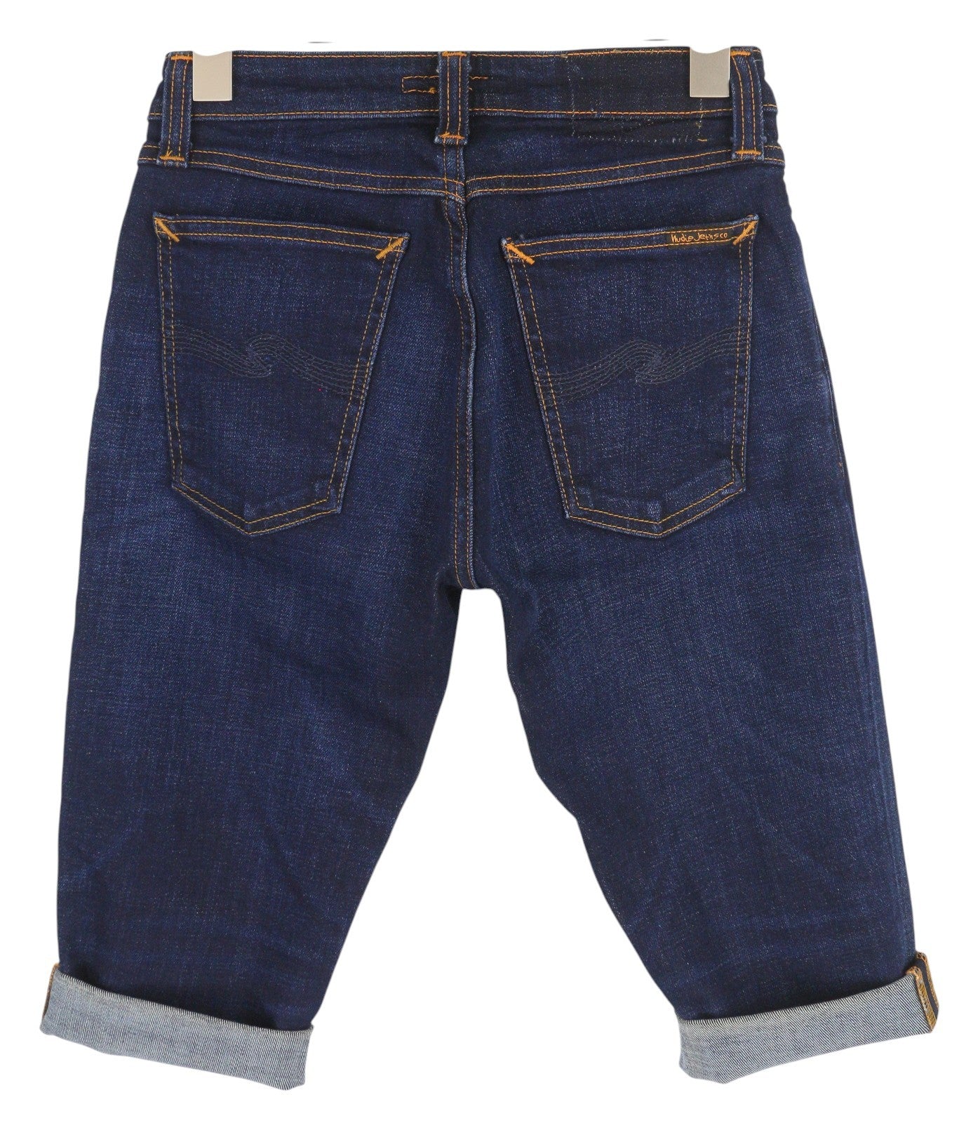 NUDIE JEANS Skinny Lin moteriški šortai W27 su skalbto džinso mėlyna spalva, tamprios kišenės su užtrauktuku 