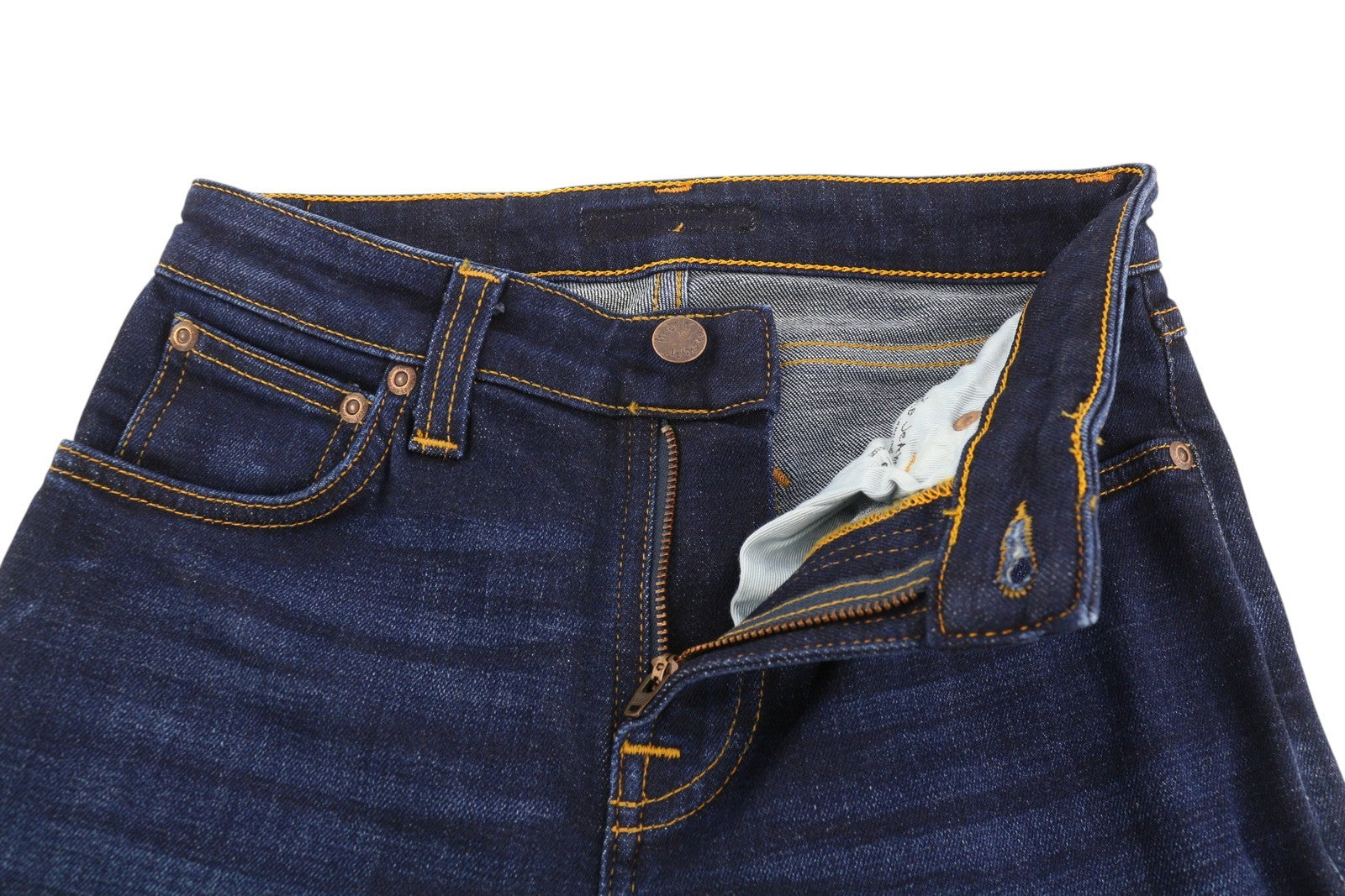 NUDIE JEANS Skinny Lin moteriški šortai W27 su skalbto džinso mėlyna spalva, tamprios kišenės su užtrauktuku 