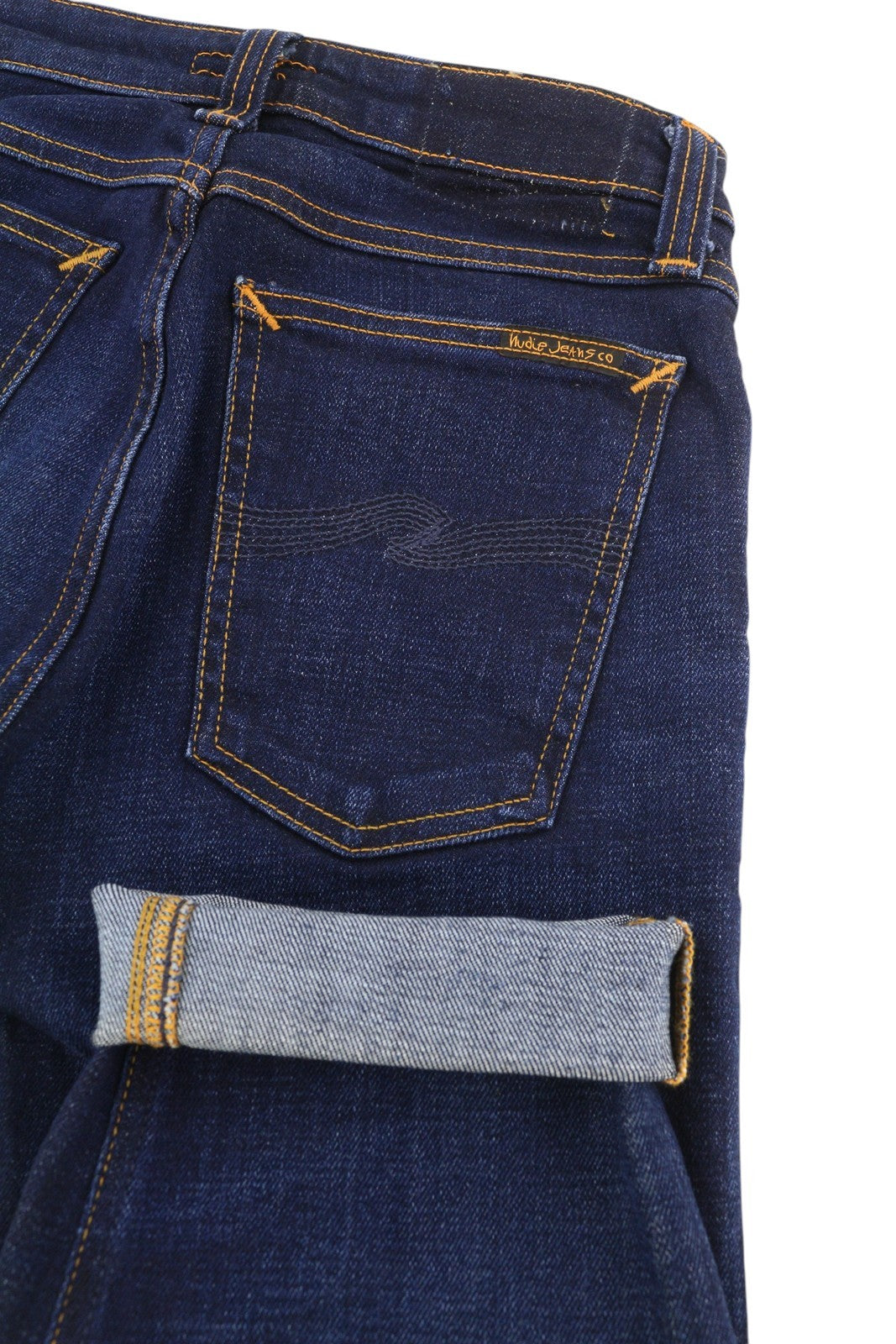 NUDIE JEANS Skinny Lin moteriški šortai W27 su skalbto džinso mėlyna spalva, tamprios kišenės su užtrauktuku 