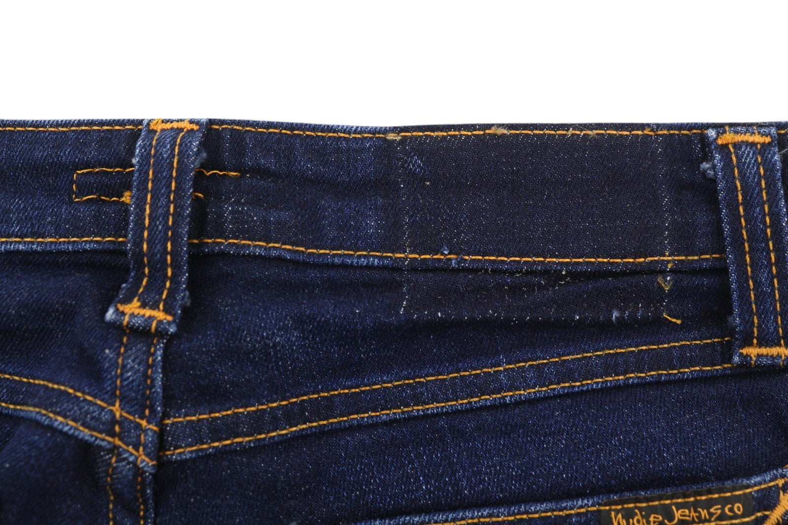 NUDIE JEANS Skinny Lin moteriški šortai W27 su skalbto džinso mėlyna spalva, tamprios kišenės su užtrauktuku 