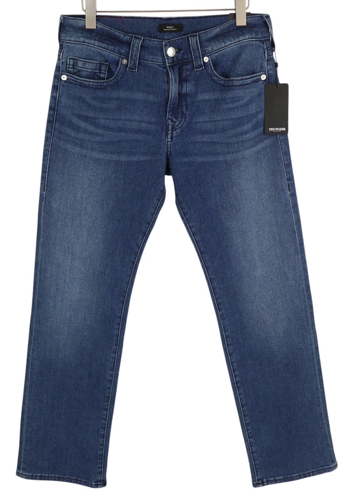 TRUE RELIGION Ricky vyriški džinsai W32 laisvalaikio, tiesaus kirpimo, skalbtos mėlynos spalvos, rekomenduojama kaina – 195 € 