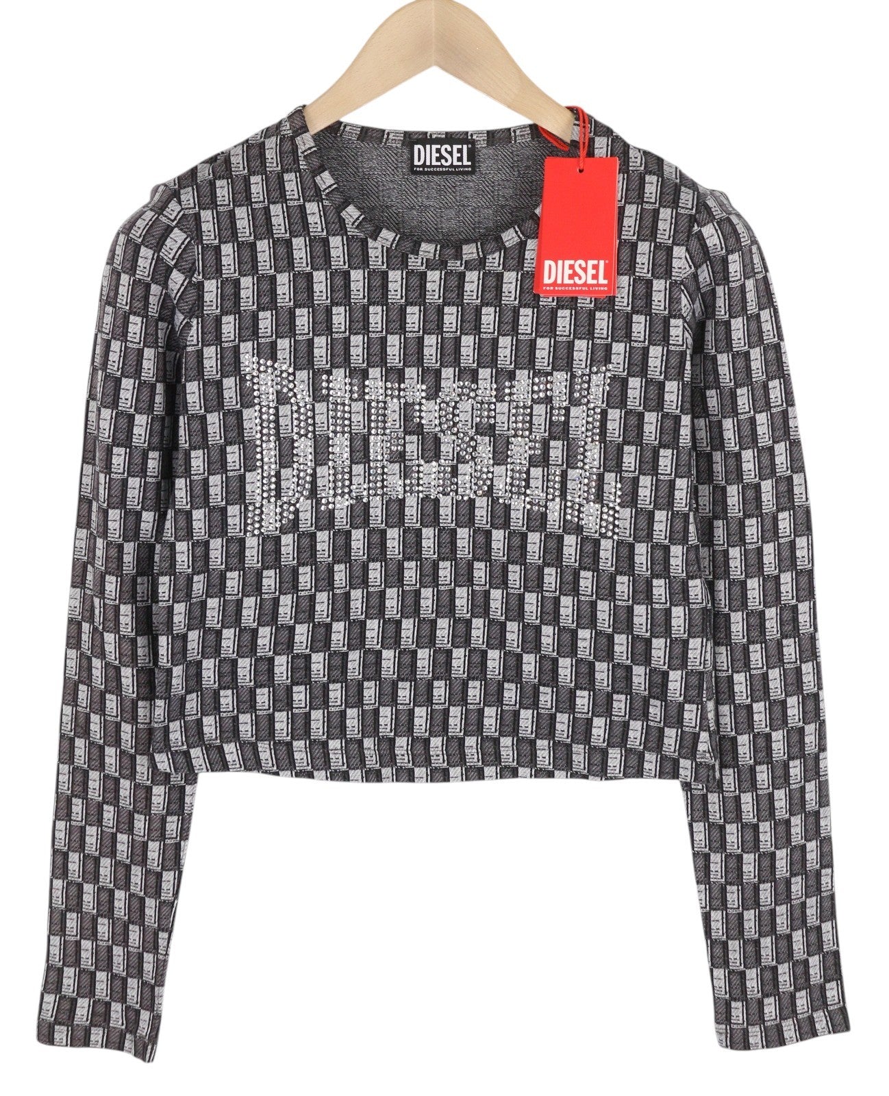 DIESEL T-Inacrop moteriški marškinėliai pilki su raštuotais cirkoniais, trumpais rankovėmis