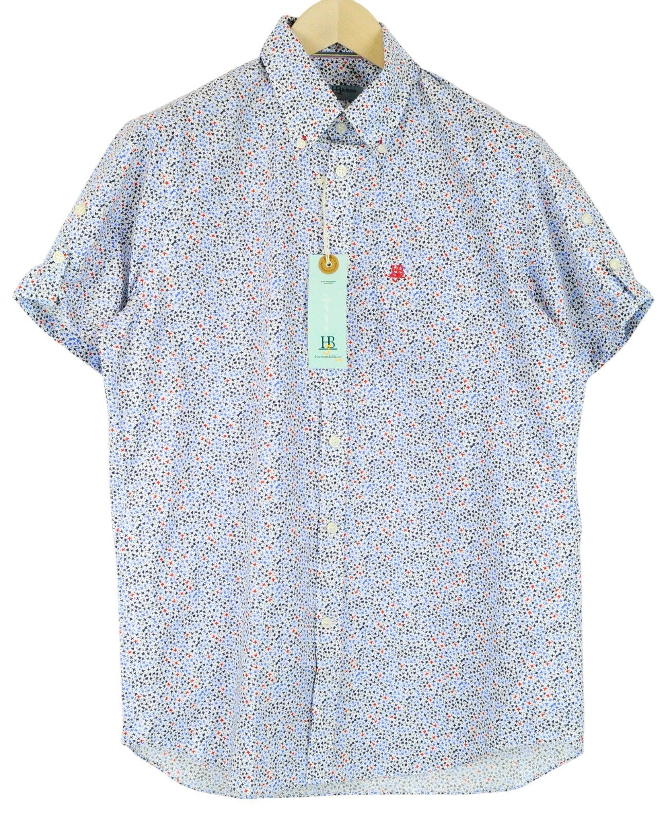 HARMONT &amp; BLAINE vyriški L dydžio balti medvilniniai marškiniai su raštuota apykakle, trumpi sagomis priekyje