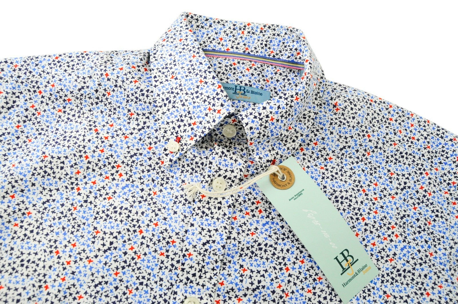 HARMONT &amp; BLAINE vyriški L dydžio balti medvilniniai marškiniai su raštuota apykakle, trumpi sagomis priekyje