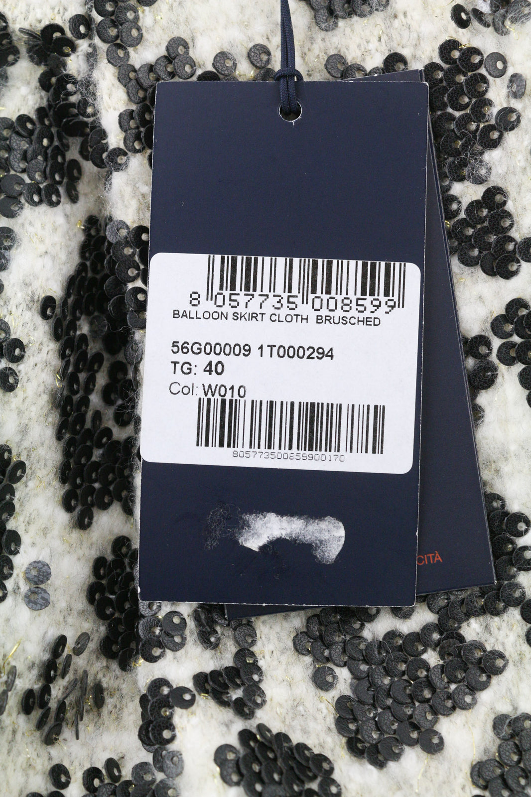 TRUSSARDI JEANS moteriškas sijonas, 40 dydžio, baltas, klostuotas, blizgučiais puoštas trumpas balioninis sijonas. 