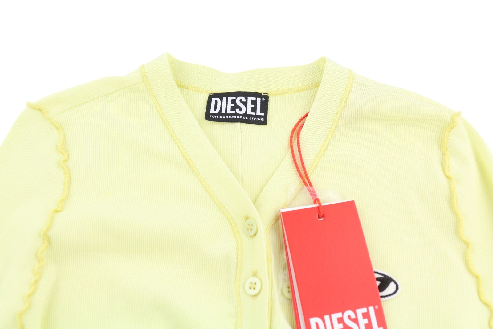 DIESEL T-Ribby-Open moteriški marškinėliai M geltoni kardiganai su sagomis ir trumpais briaunuotais raštais 