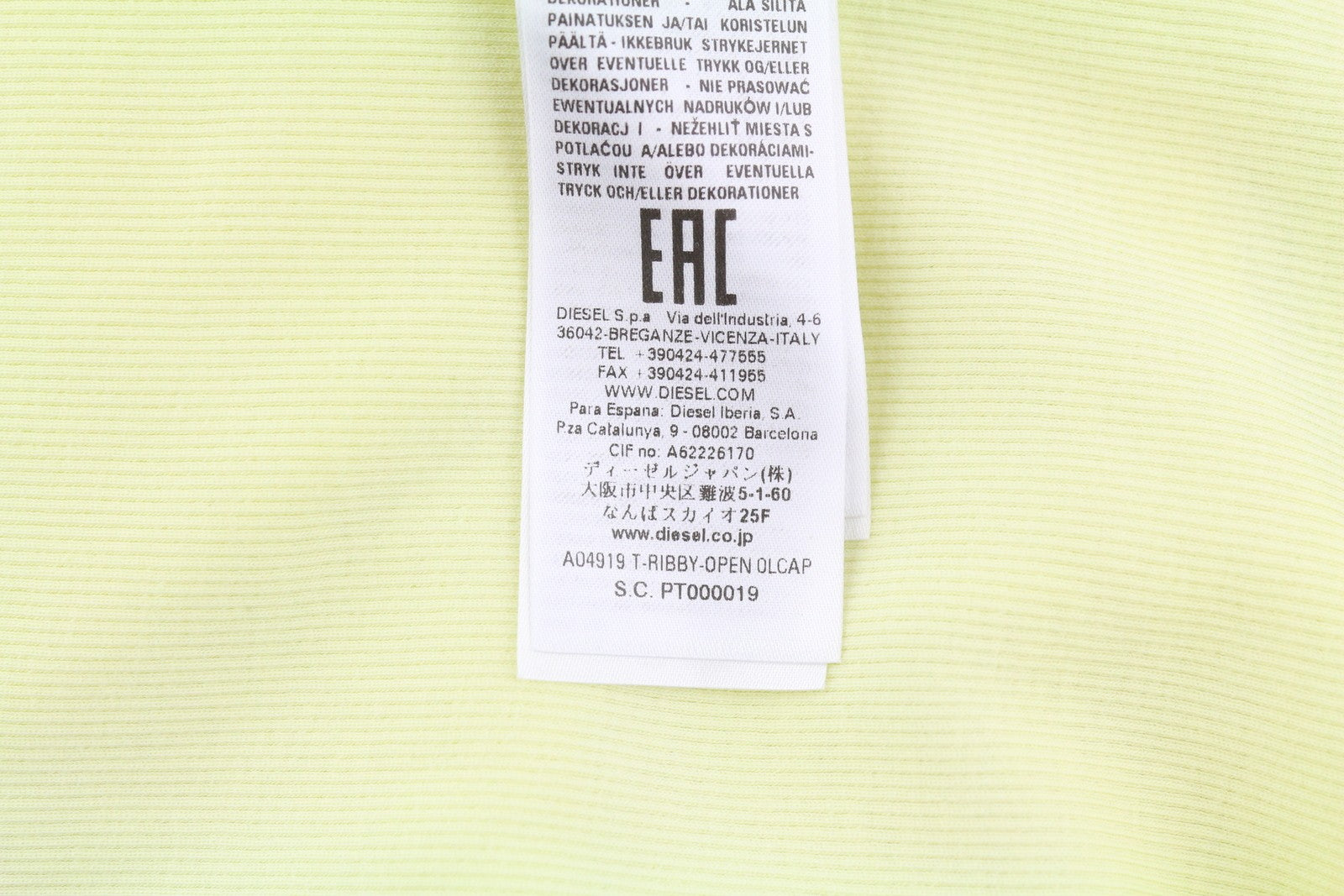 DIESEL T-Ribby-Open moteriški marškinėliai S dydžio geltoni kardiganai su sagomis ir trumpais briaunotais raštais 