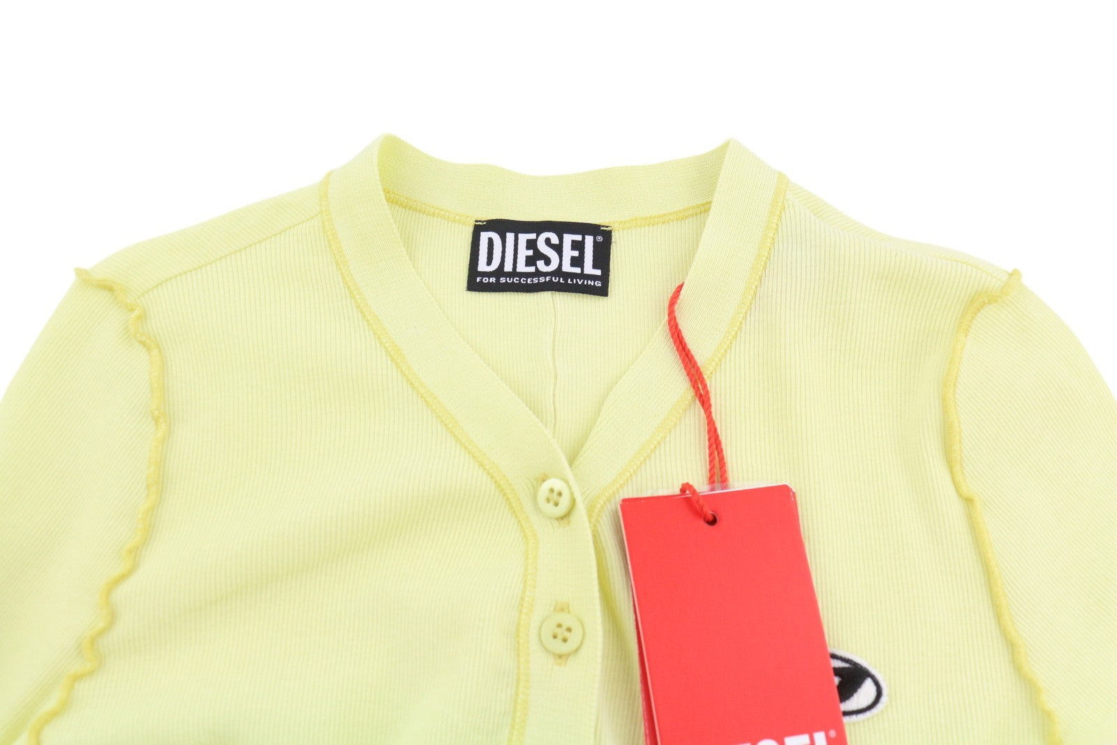 DIESEL T-Ribby-Open moteriški marškinėliai S dydžio geltoni kardiganai su sagomis ir trumpais briaunotais raštais 