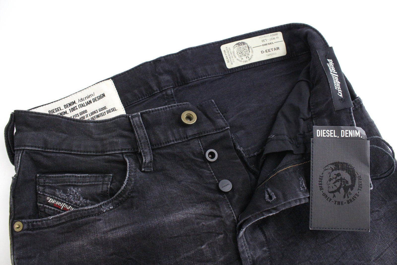 DIESEL D-Eetar 069DV vyriški džinsai W27/L30 siaurėjantys, plėšyti, tamprūs, pilki berniukams 