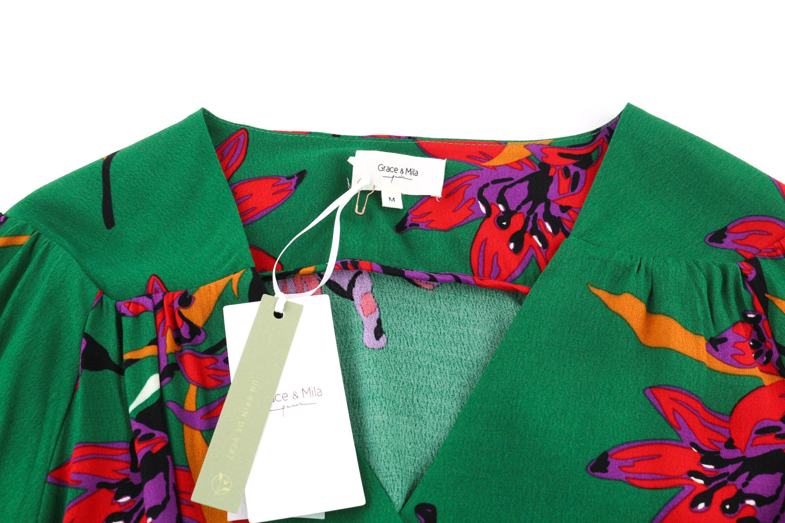 GRACE &amp; MILA Bastia moteriška palaidinė M žalia gėlių rašto ilgomis rankovėmis, apvyniota V formos iškirpte 