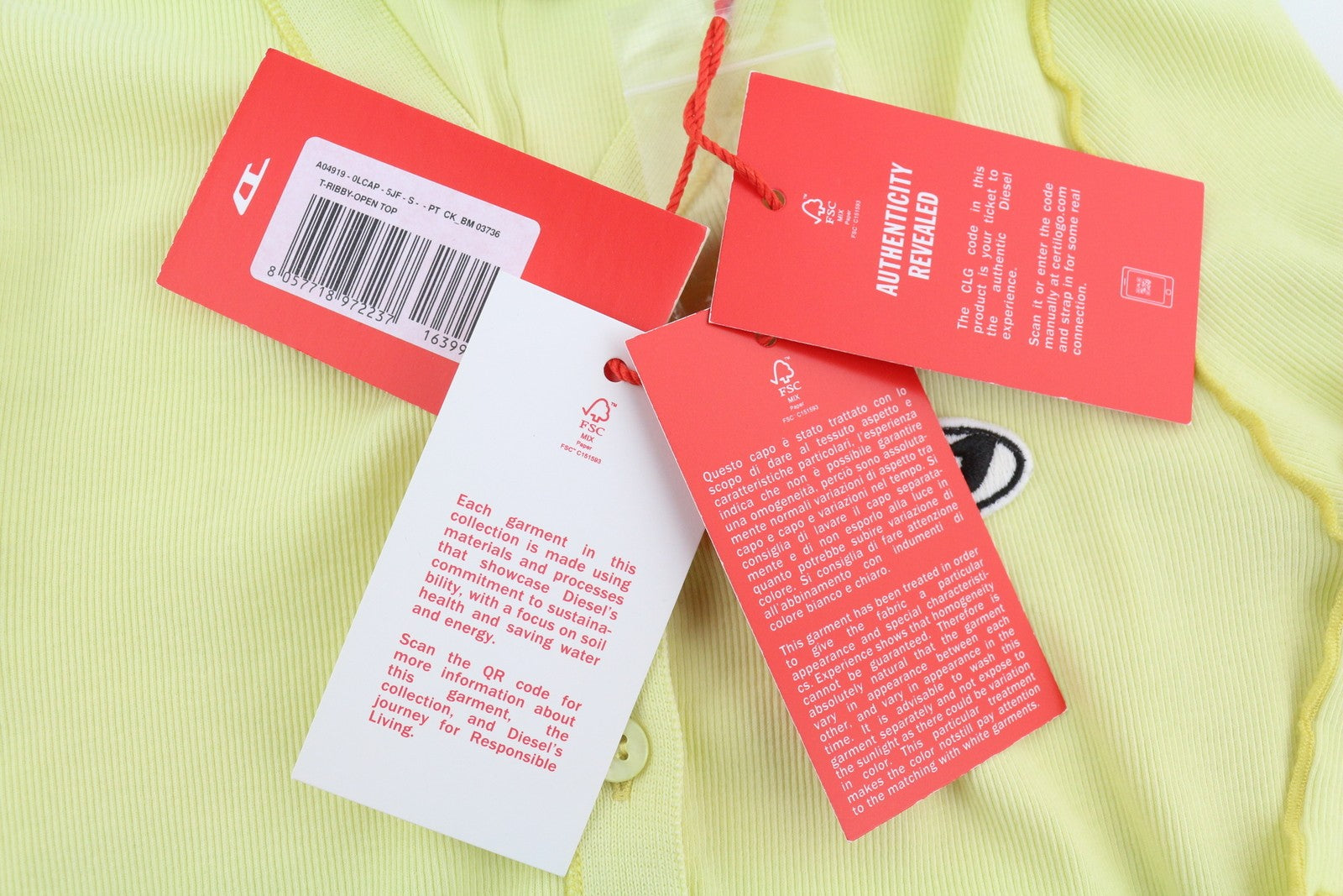 DIESEL T-Ribby-Open moteriški marškinėliai S dydžio geltoni kardiganai su sagomis ir trumpais briaunotais logotipais 