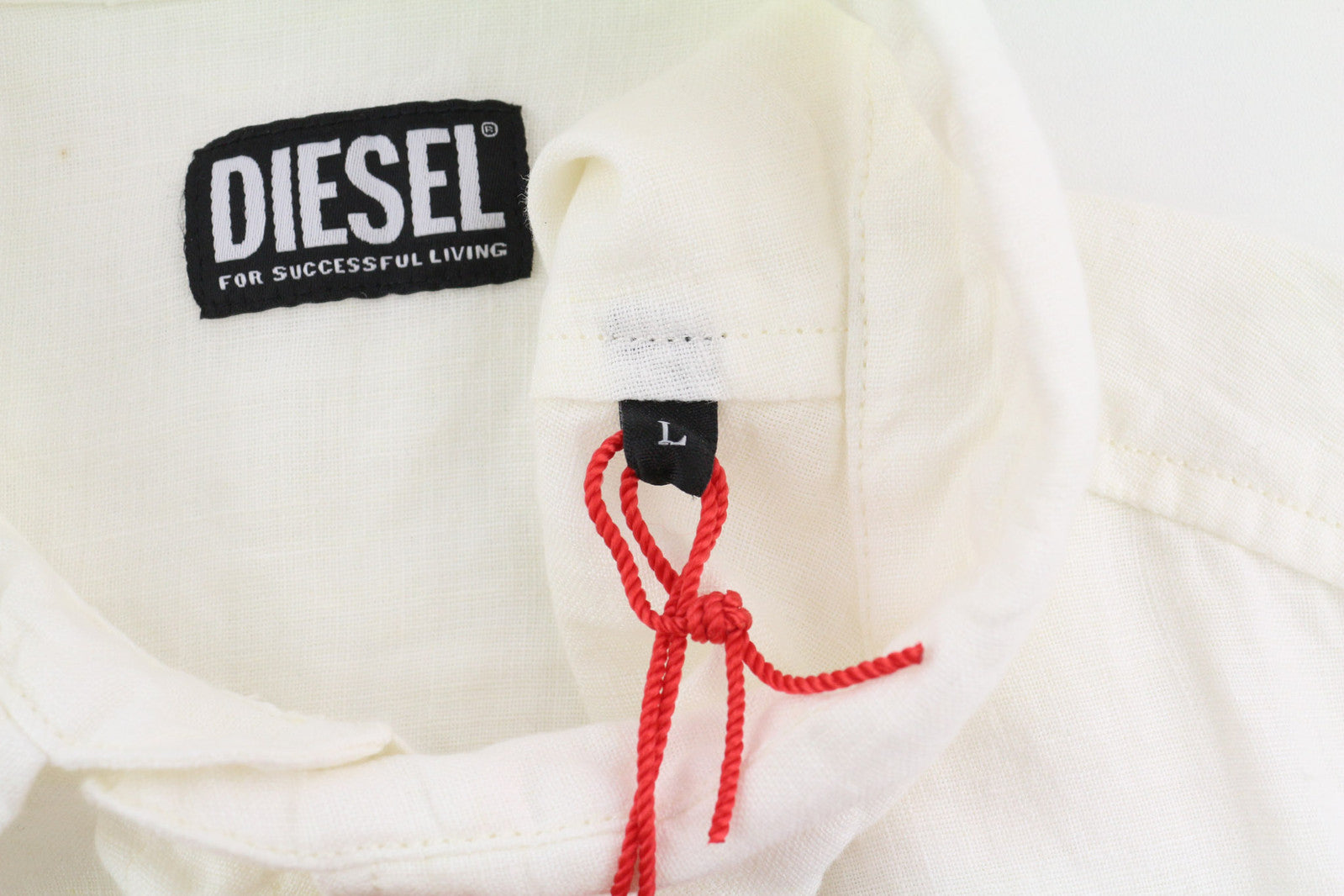 DIESEL S-Umbe-Sslab vyriški marškinėliai L, balti, trumpomis rankovėmis, lininiai, platėjančios iškirptės, RRP 150 € 