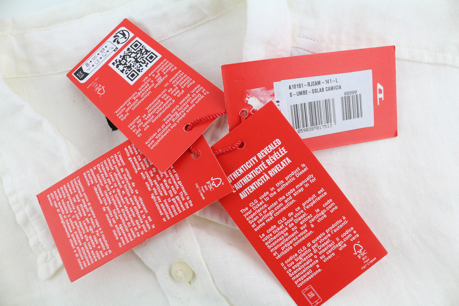 DIESEL S-Umbe-Sslab vyriški marškinėliai L, balti, trumpomis rankovėmis, lininiai, platėjančios iškirptės, RRP 150 € 