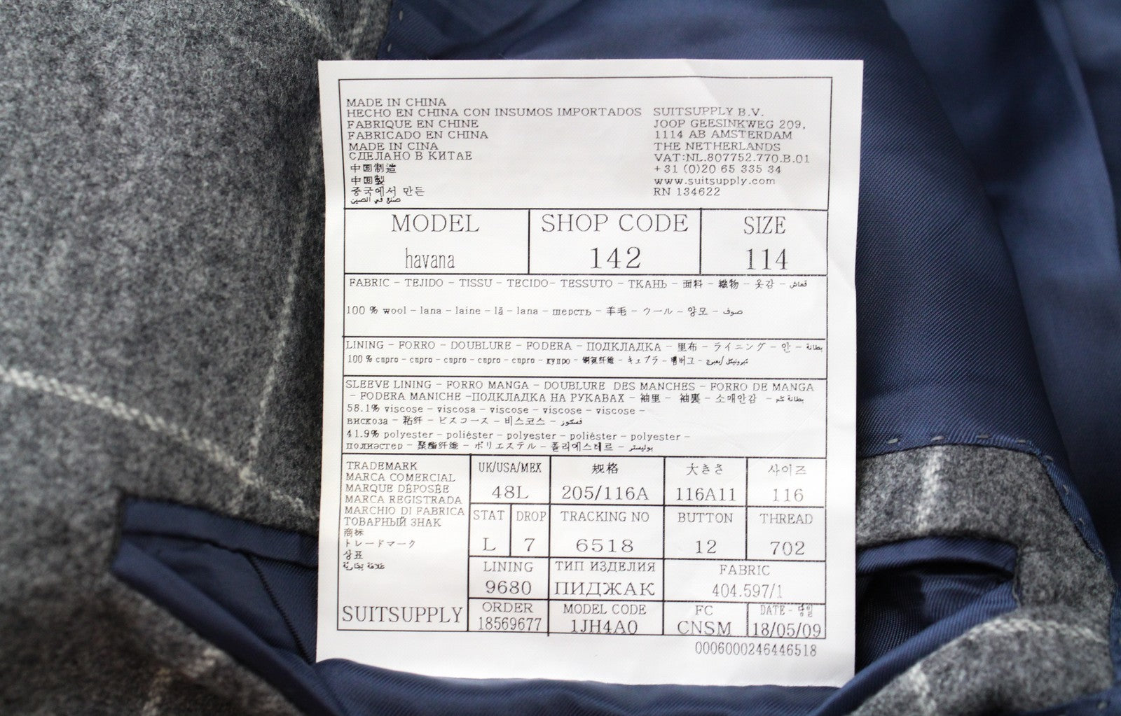 „SUITSUPPLY“ vyriškas klasikinis, pilkas, languotas vilnonis švarkas „Havana“ su pamušalu, UK48L 