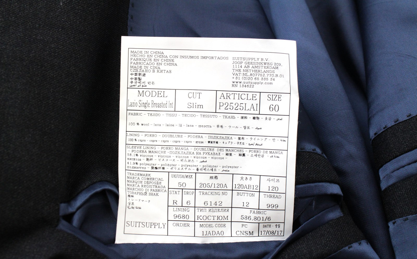 „SUITSUPPLY Lazio UK50R“ vyriškas švarkas iš grynos vilnos „Super 110's Slim“ tamsiai mėlynas oficialus kostiumas 