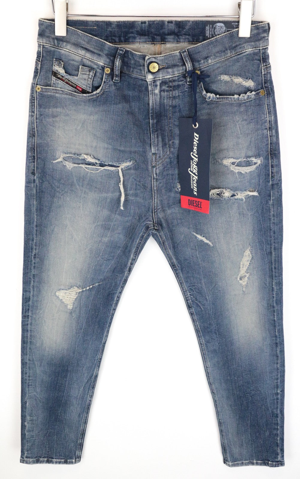 DIESEL D-Vider-T 0890A vyriški džinsai W32 morkų rašto, tamprūs, mėlyni, plėšyti 