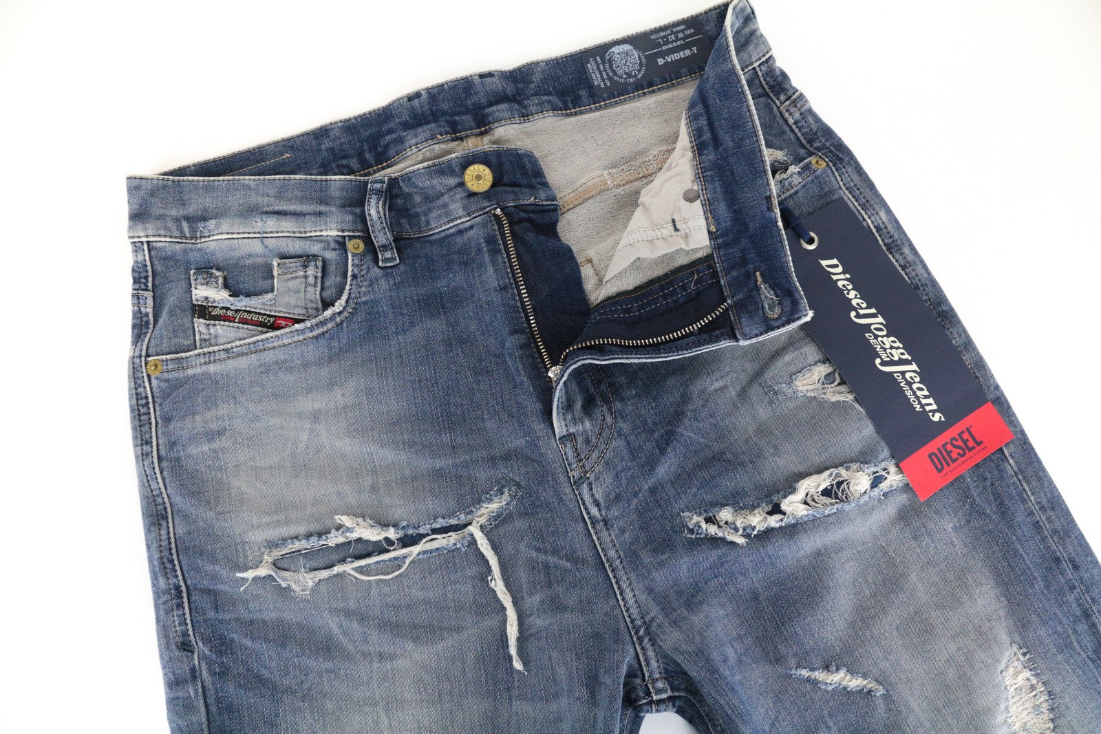 DIESEL D-Vider-T 0890A vyriški džinsai W32 morkų rašto, tamprūs, mėlyni, plėšyti 