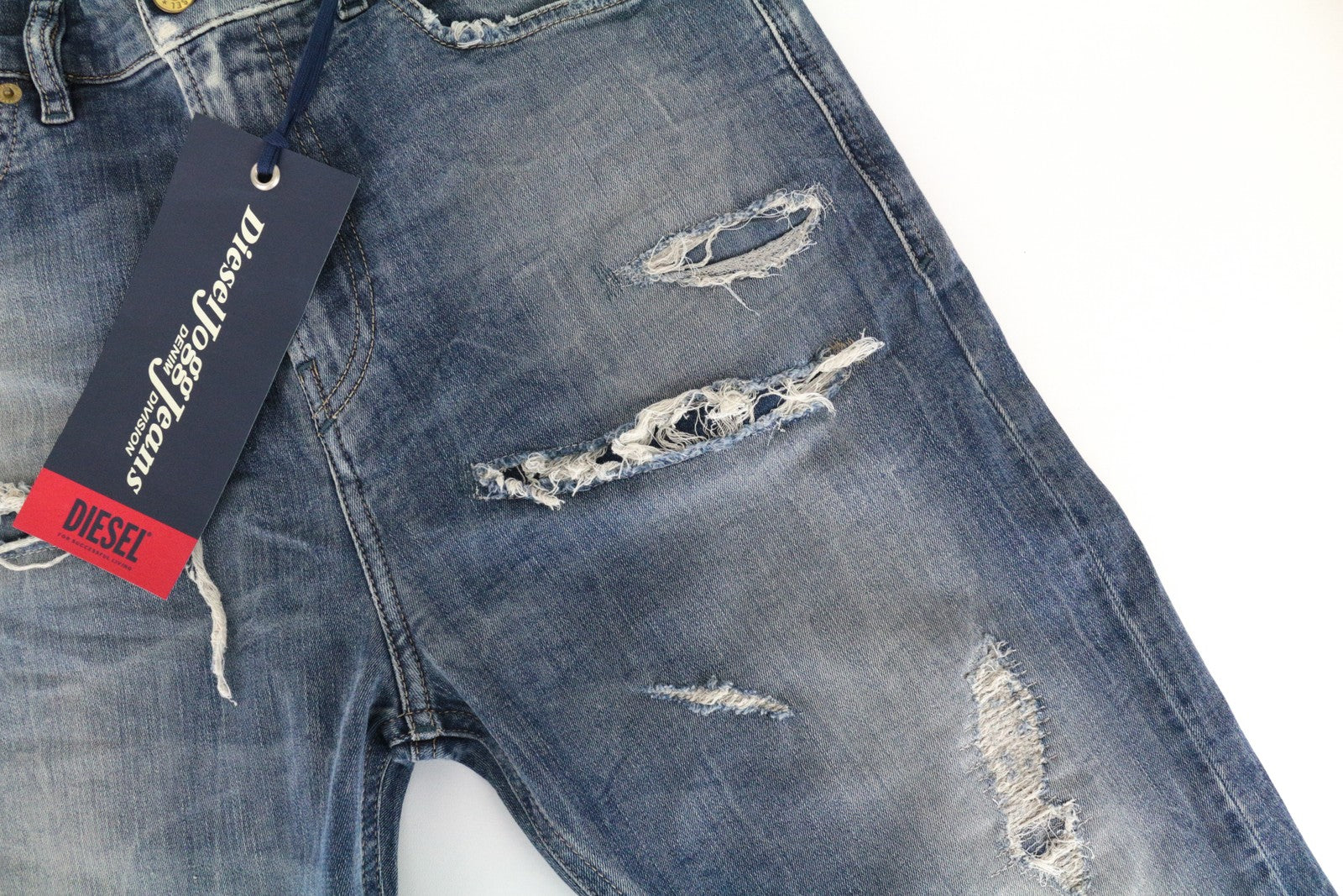 DIESEL D-Vider-T 0890A vyriški džinsai W32 morkų rašto, tamprūs, mėlyni, plėšyti 