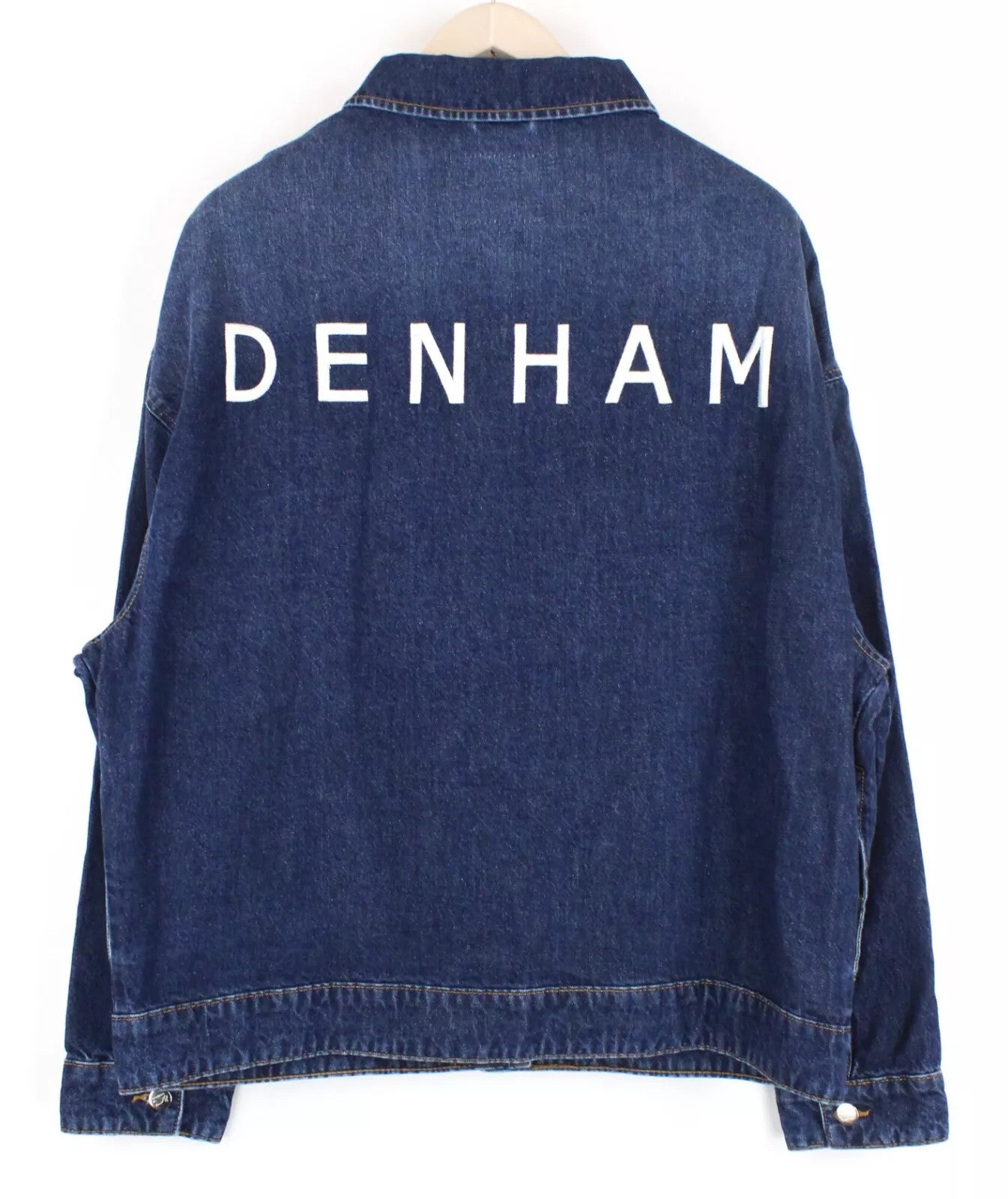 DENHAM XL dydžio moteriška sunkvežimio striukė su mėlyna skalbtos medvilnės logotipu ir siuvinėtu džinsu 