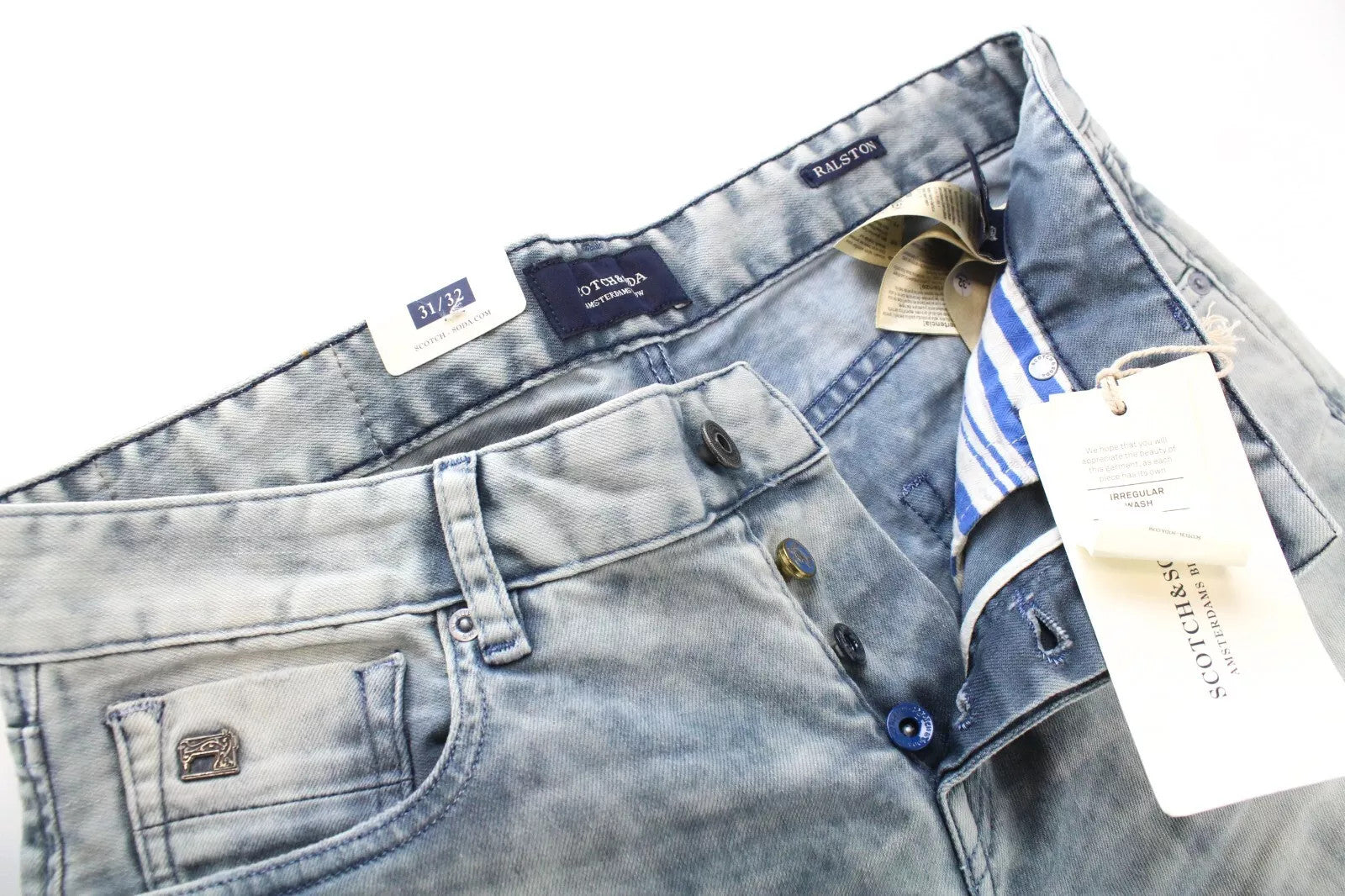 SCOTCH &amp; SODA W31/L32 Ralston mėlyni vyriški džinsai, ploni, skalbti, tamprūs džinsai 