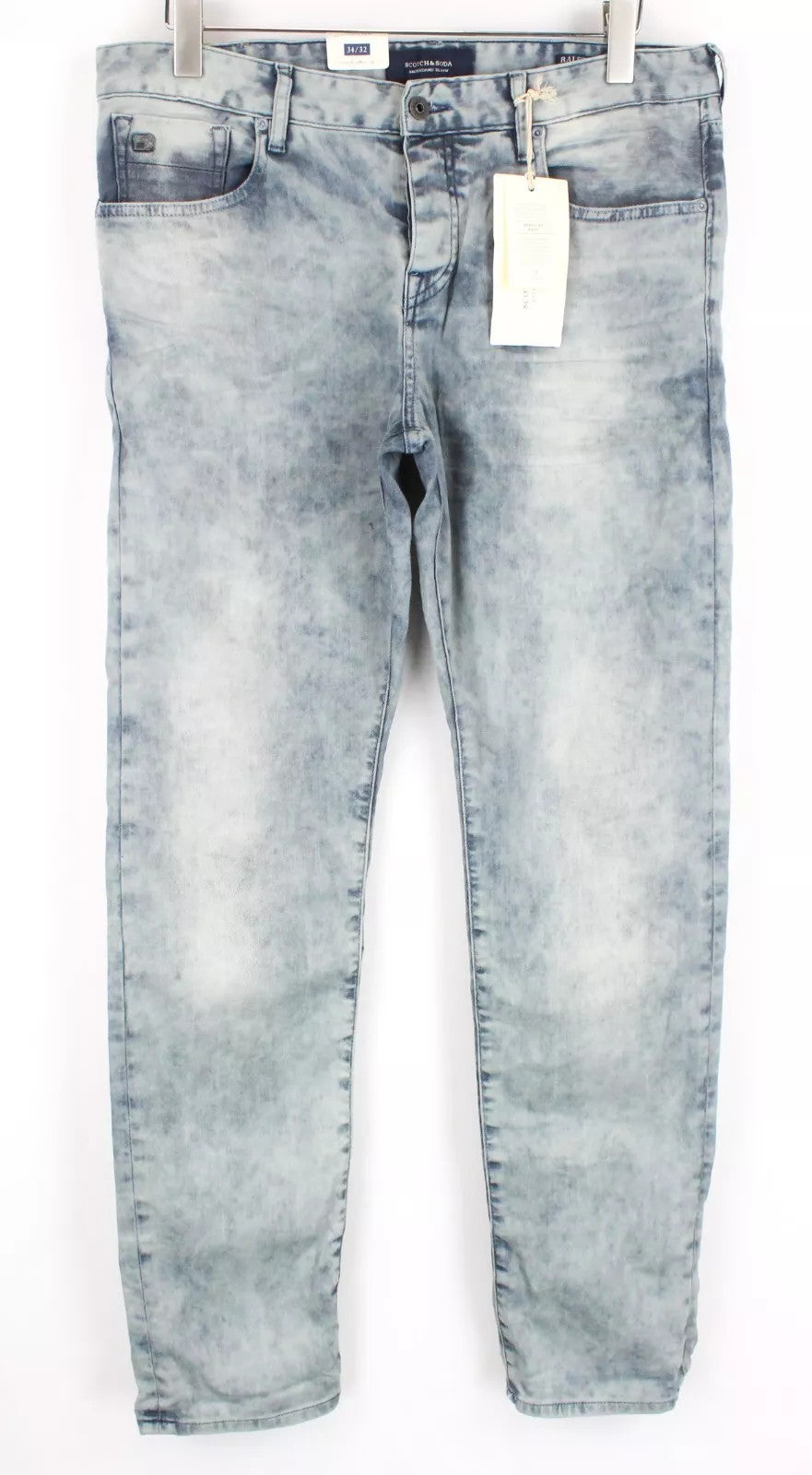 SCOTCH &amp; SODA Ralston mėlyni vyriški džinsai W34/L32 su 5 kišenėmis, skalbti, ploni, tamprūs 
