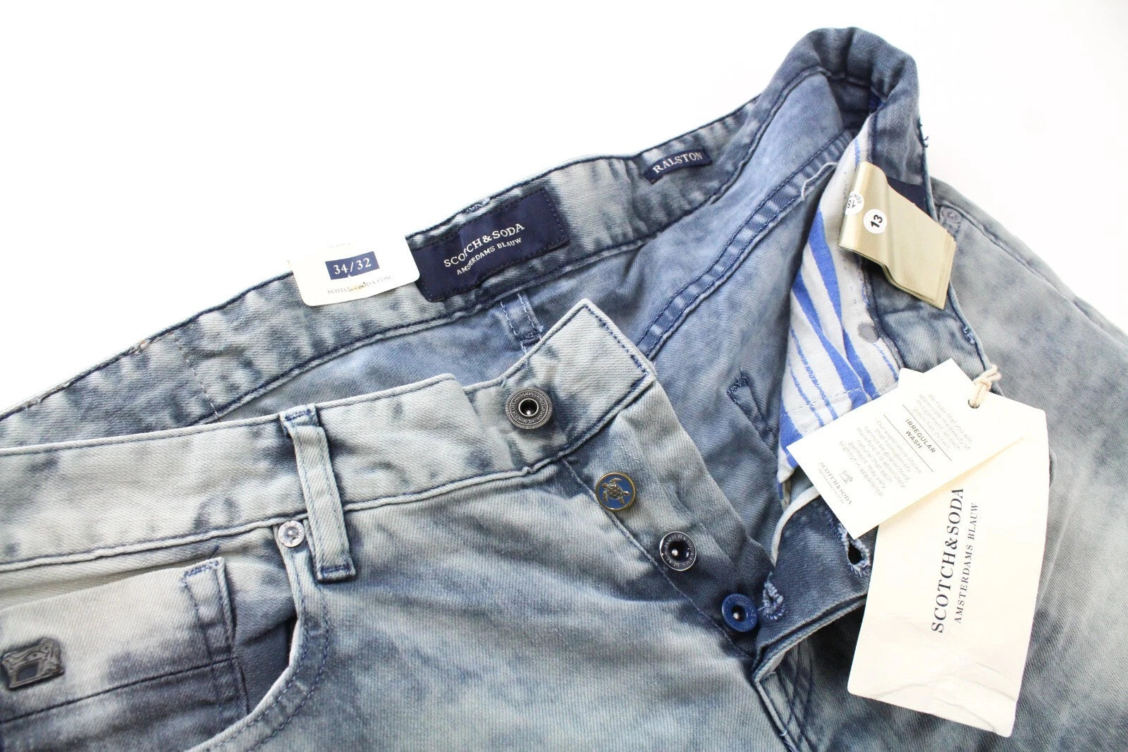 SCOTCH &amp; SODA Ralston mėlyni vyriški džinsai W34/L32 su 5 kišenėmis, skalbti, ploni, tamprūs 