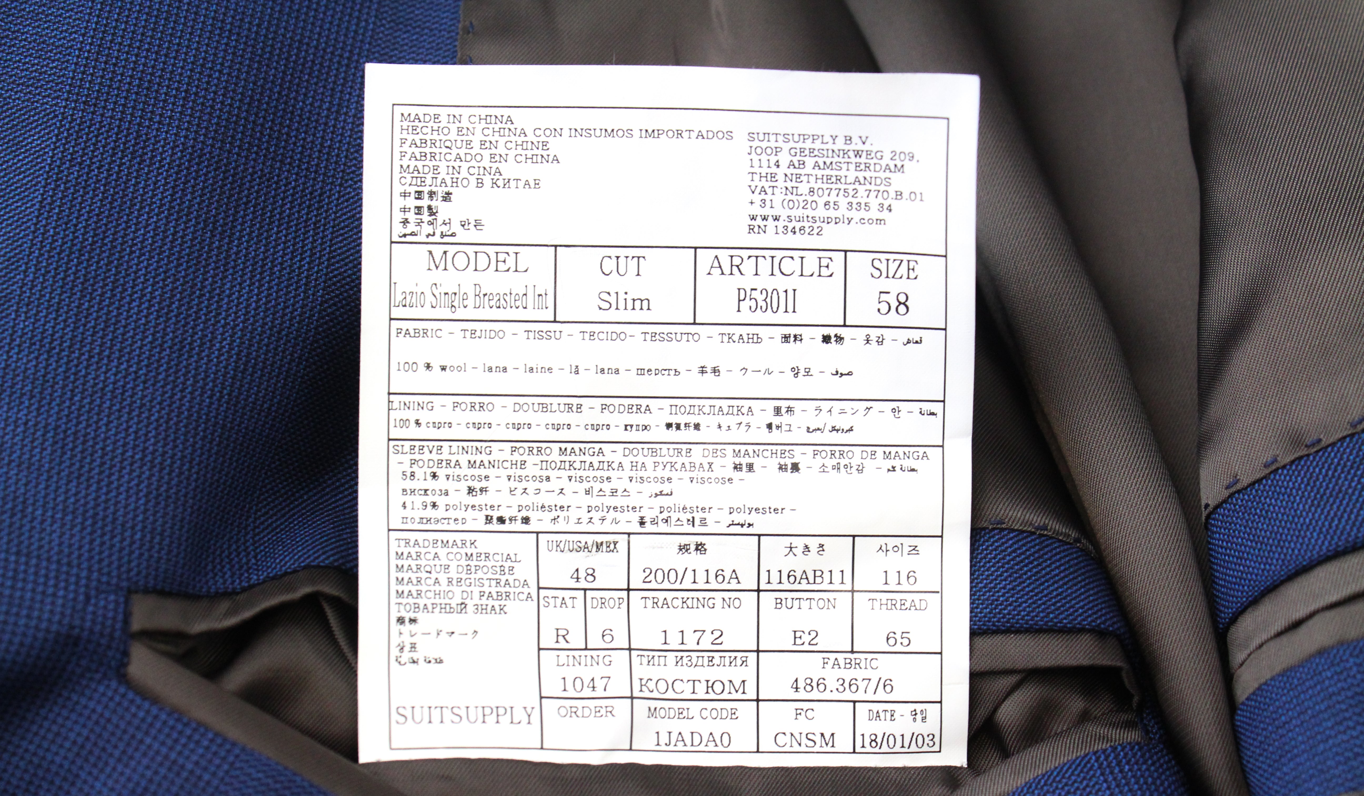 SUITSUPPLY Lazio vyriškas mėlynas vilnonis švarkas „UK48R“ plonas, klasikinio kirpimo, „Super 110's“ 