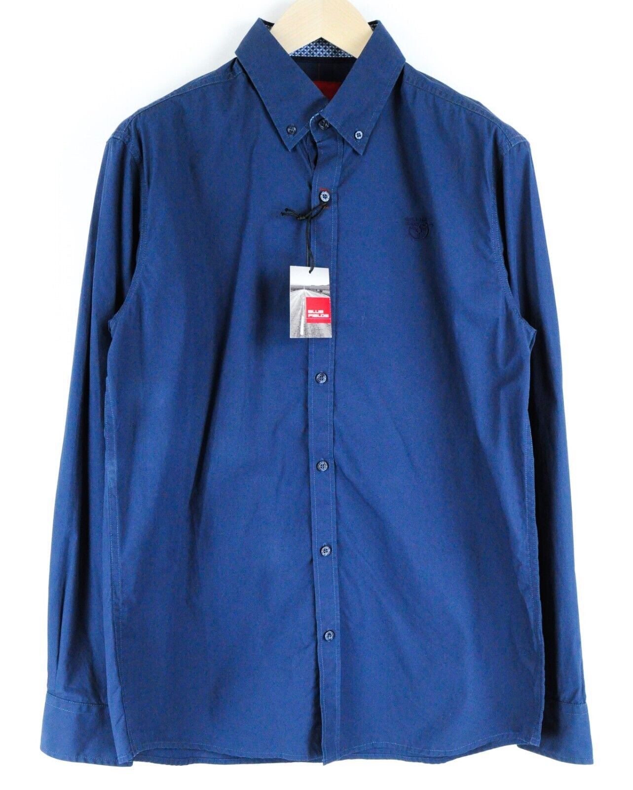 BLUE FIELDS Men Shirt L Blue Button-Down Long Sleeve Cotton with Pocket