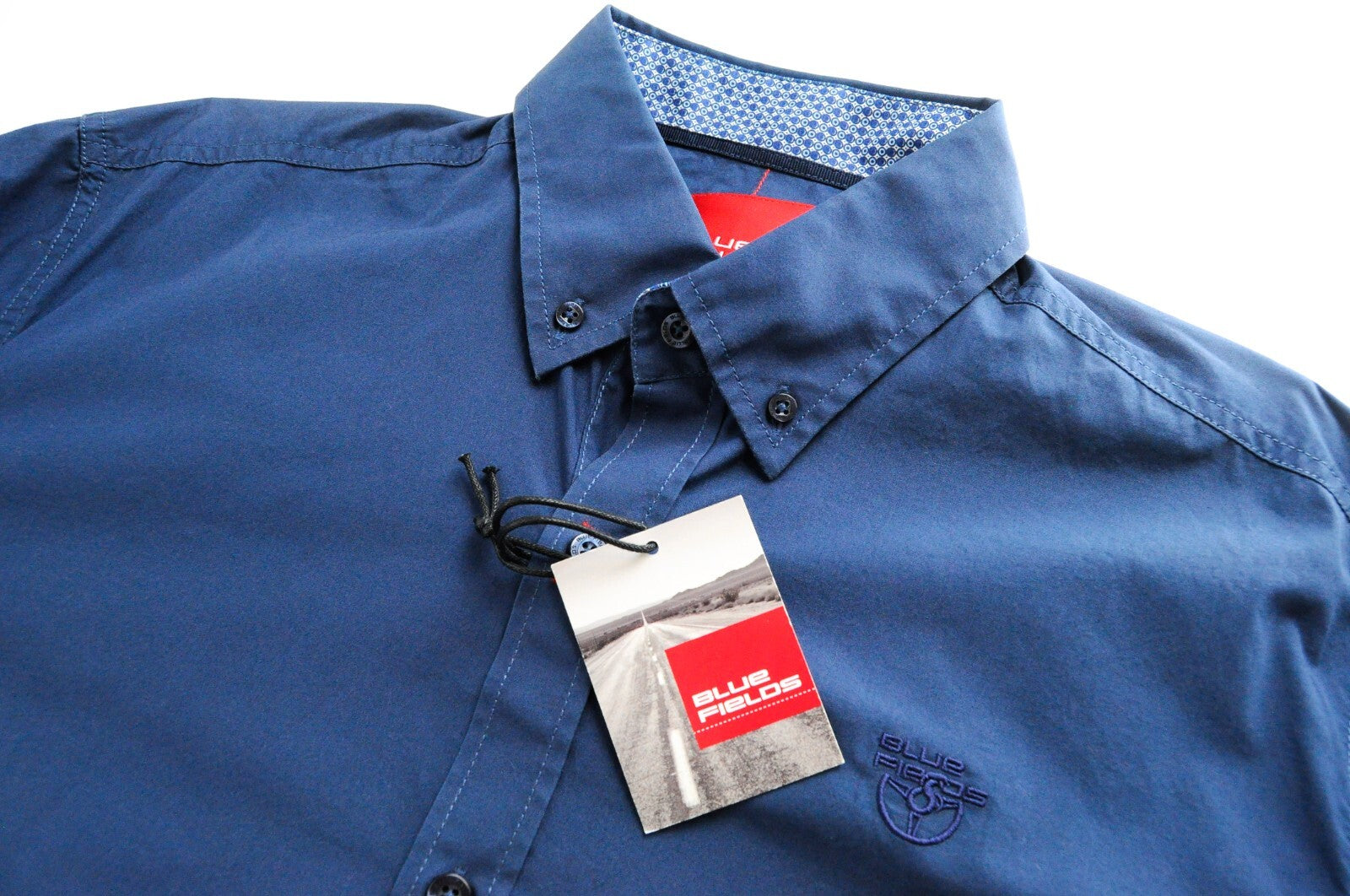 BLUE FIELDS Men Shirt L Blue Button-Down Long Sleeve Cotton with Pocket