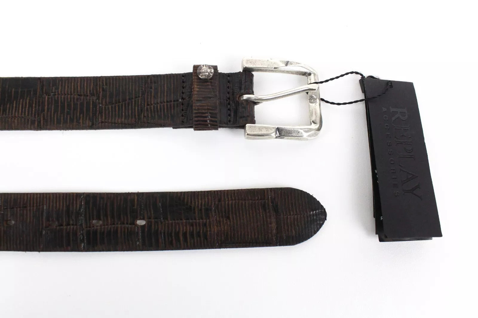 REPLAY odinis diržas 105 cm vyrams rudas karvės odos raštas metalinė sagtis 