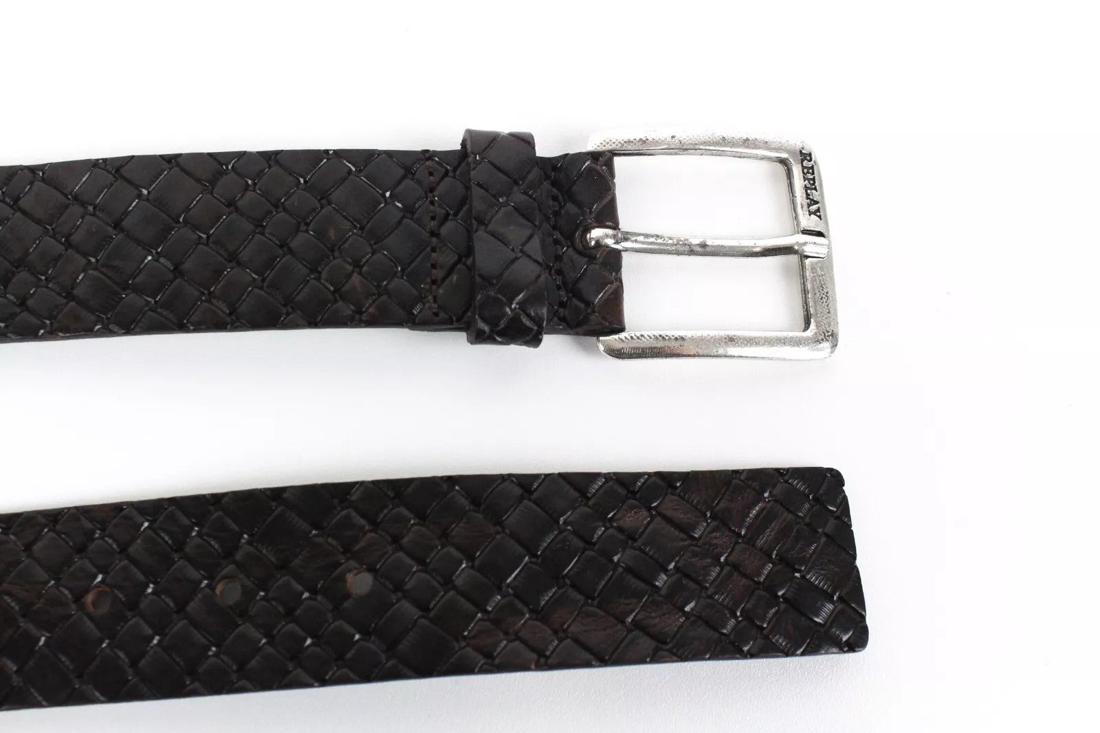 REPLAY 85 cm vyriškas diržas natūralios odos rudas raštas kvadratinė sagtis 